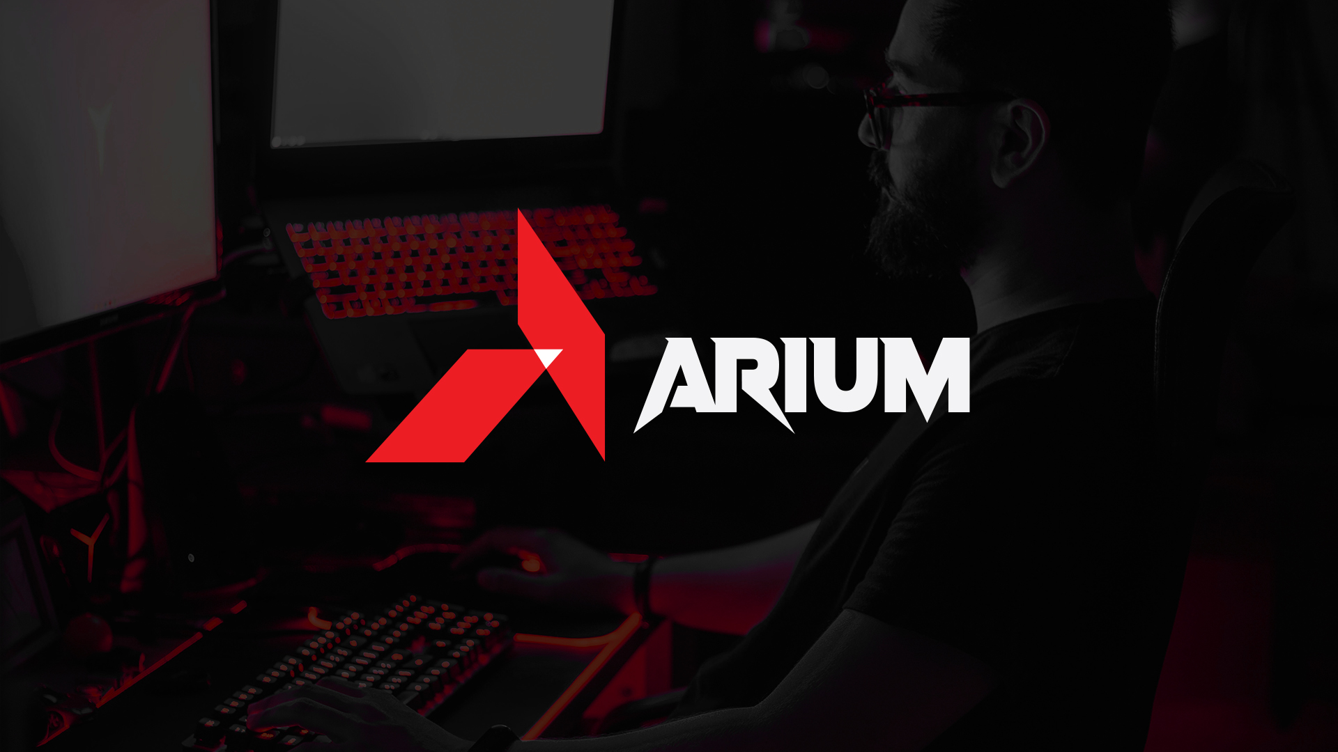 ARIUM logo lockup over a dark gaming setup lit in competitive red