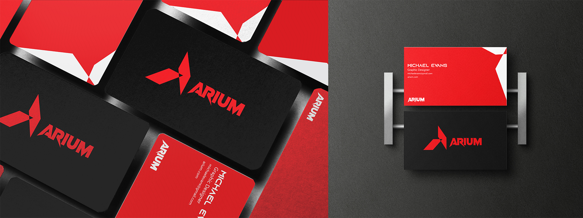 ARIUM business cards — black and competitive red with the angular monogram