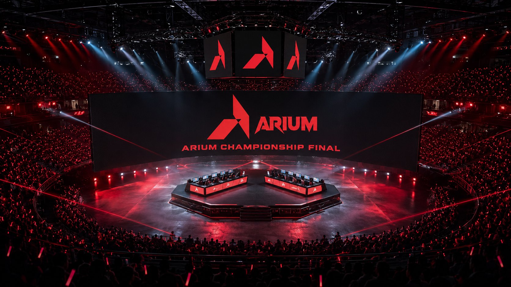 ARIUM Championship Final arena hero, wide cinematic shot of the curved LED ribbon wall displaying the chevron mark, octagonal competition platform with two player pods, sold-out crowd silhouetted with red glowstick points
