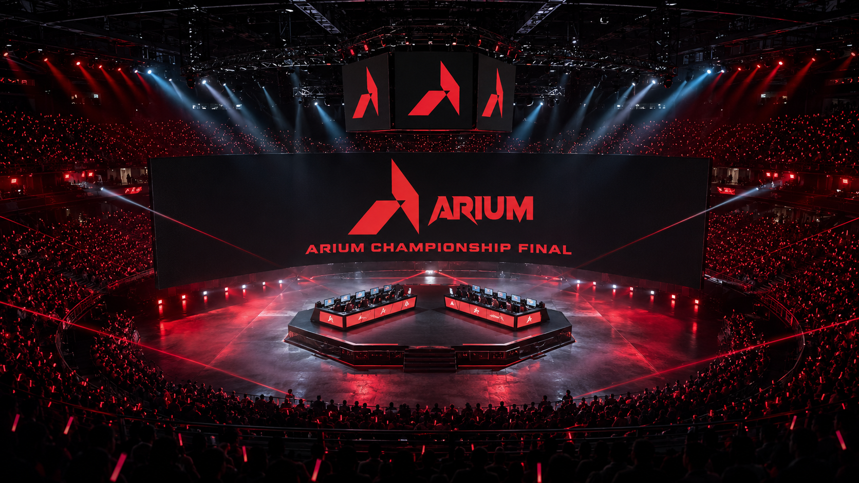ARIUM Championship Final arena hero — wide cinematic shot of the curved LED ribbon wall displaying the chevron mark, octagonal competition platform with two player pods, sold-out crowd silhouetted with red glowstick points