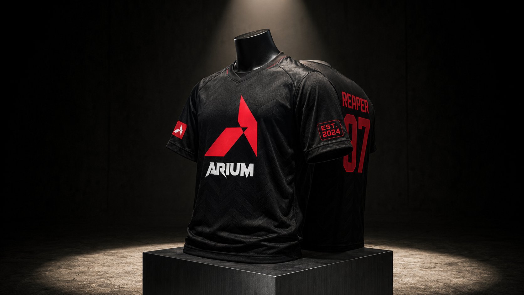 ARIUM official team jersey hero, premium technical knit on a matte-black headless mannequin, red chevron + ARIUM wordmark on chest, sleeve patches with chevron and EST date, REAPER 07 player name on shoulder, single hard spot in a dark drop room