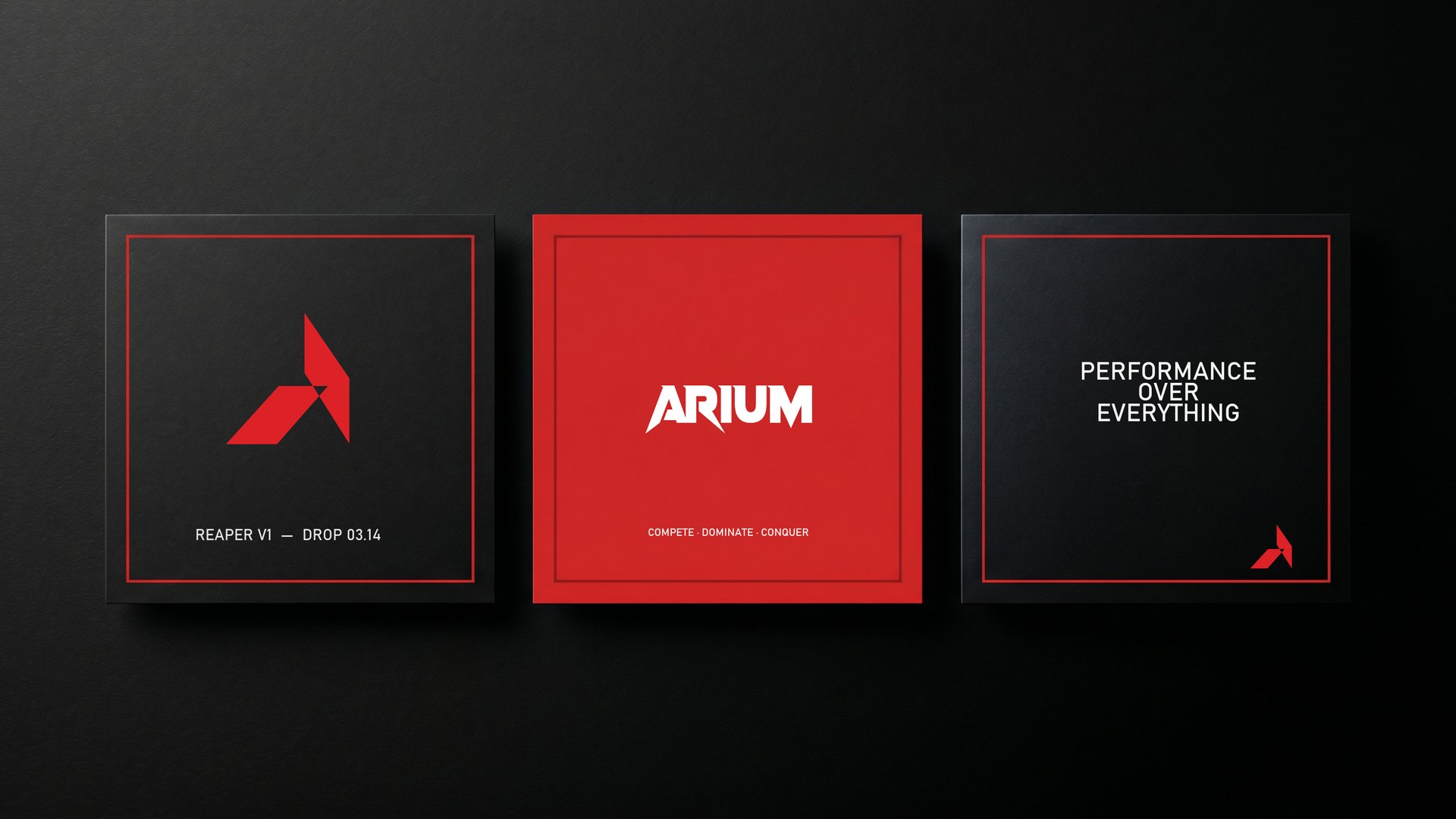 ARIUM retail packaging lineup, three black product boxes with the red chevron mark