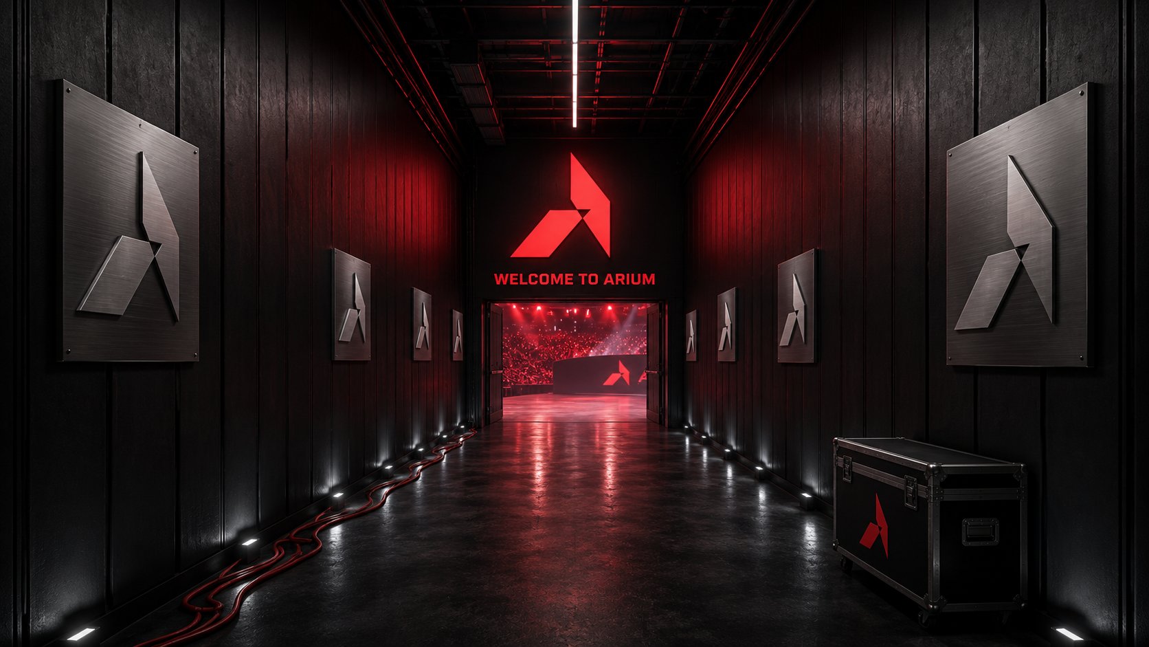 ARIUM pre-match player tunnel, one-point perspective down a dim industrial corridor, brushed aluminum chevron signage plates lining both walls in descending sizes, large illuminated red back-wall chevron with WELCOME TO ARIUM text, hi-vis cable and matte-black flight case in foreground