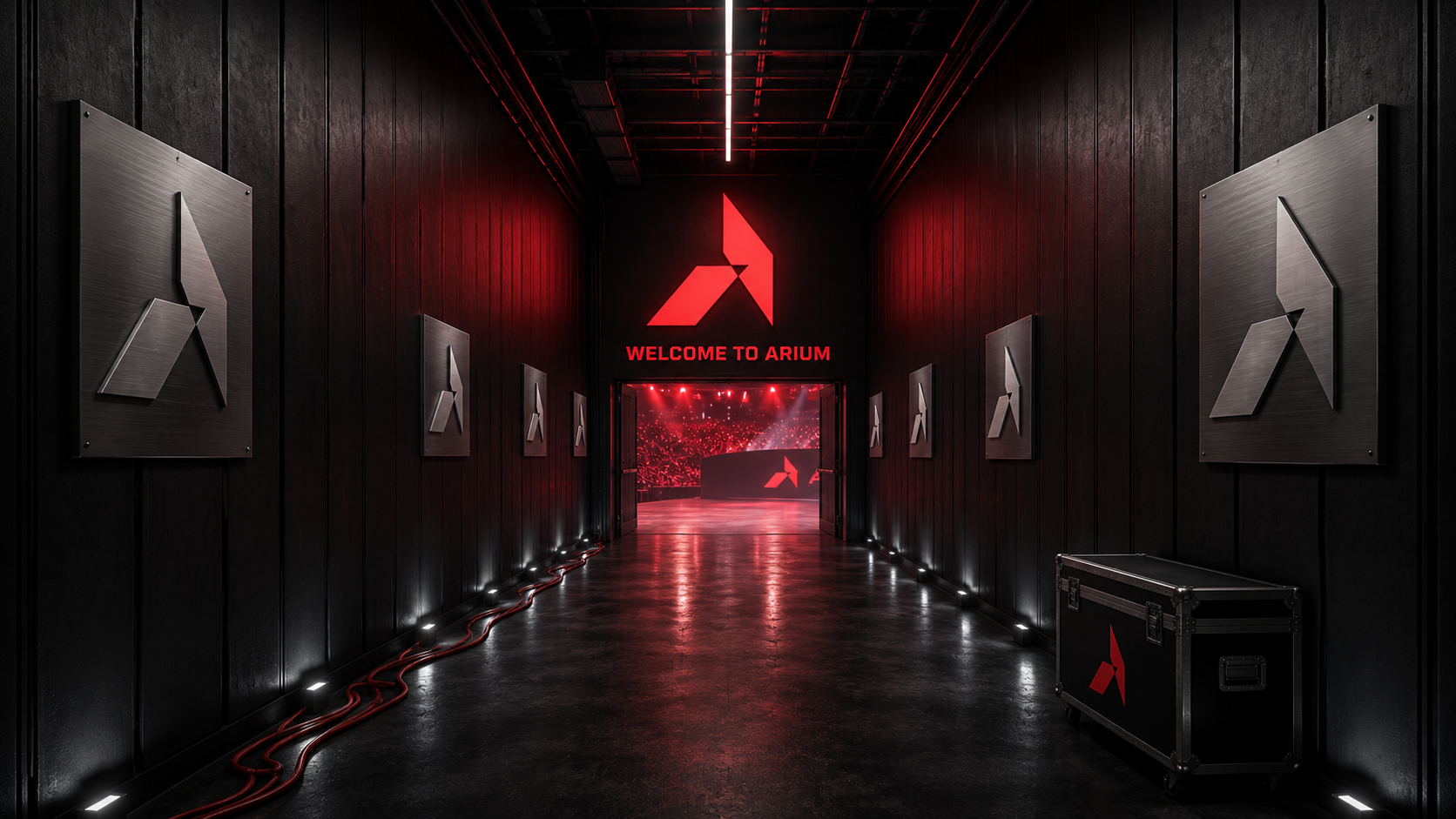 ARIUM pre-match player tunnel — one-point perspective down a dim industrial corridor, brushed aluminum chevron signage plates lining both walls in descending sizes, large illuminated red back-wall chevron with WELCOME TO ARIUM text, hi-vis cable and matte-black flight case in foreground