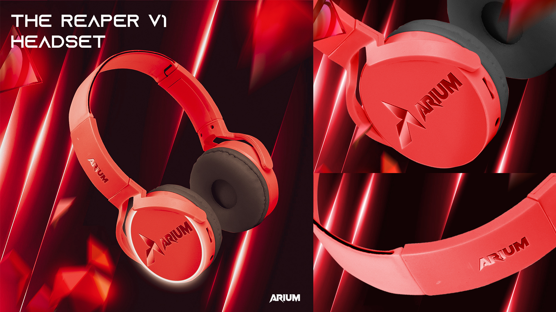 ARIUM Reaper V1 headset — red over-ear gaming headphones with engraved monogram