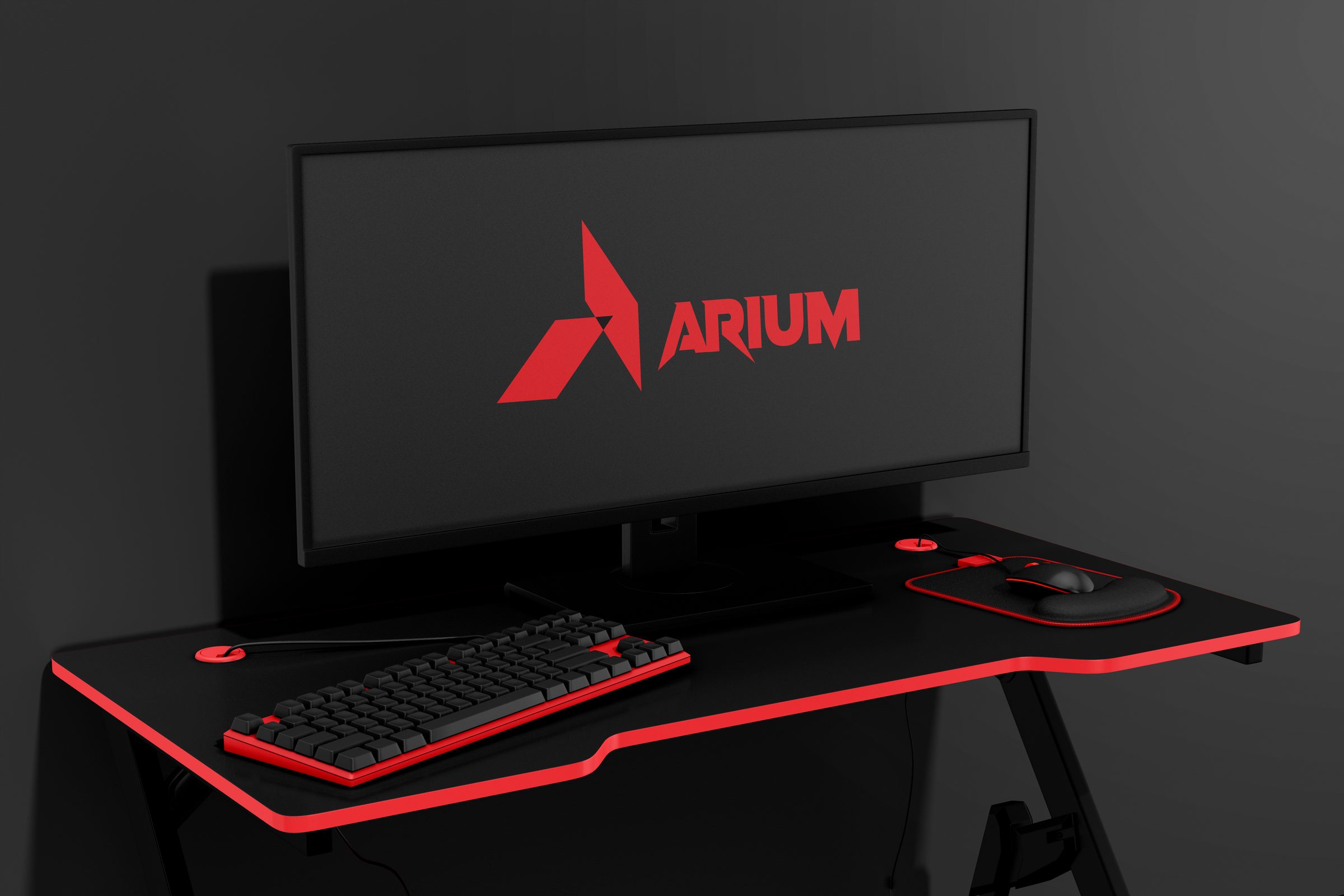 ARIUM lockup on an ultrawide monitor above a dark gaming desk