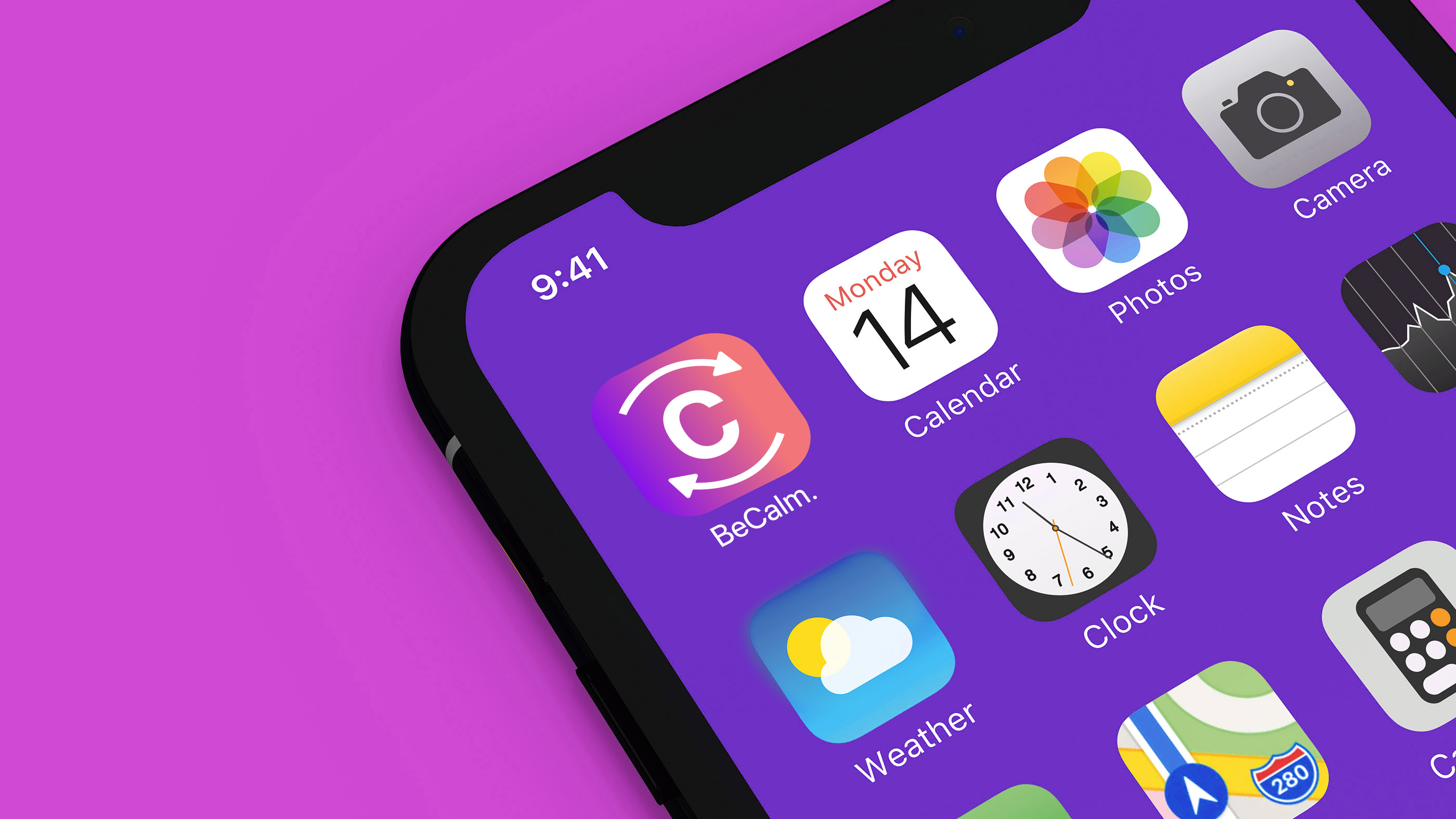 BeCalm app icon — circular arrows around a white C on a pink-orange gradient tile