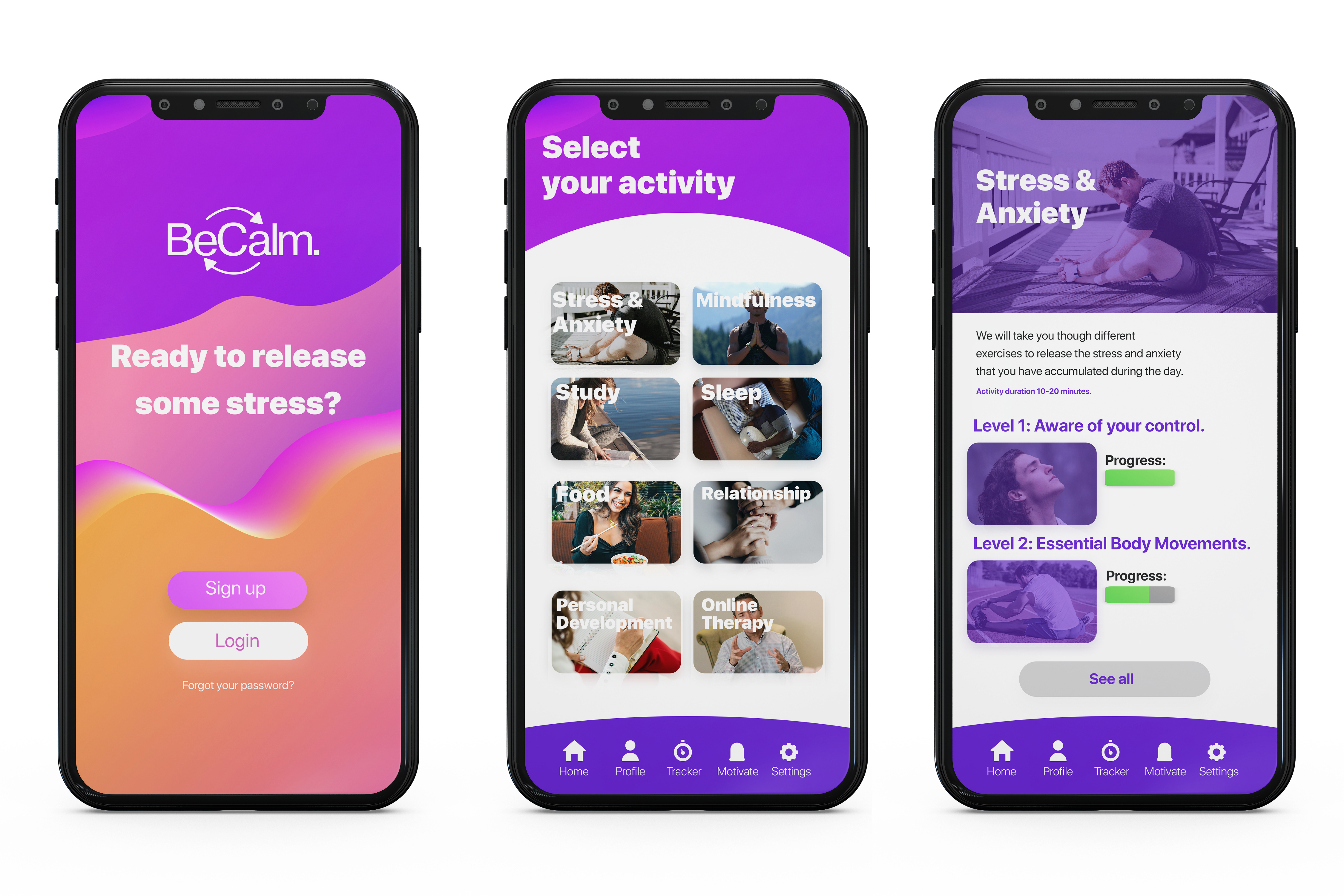 BeCalm app interface — multiple meditation screens with the gradient palette