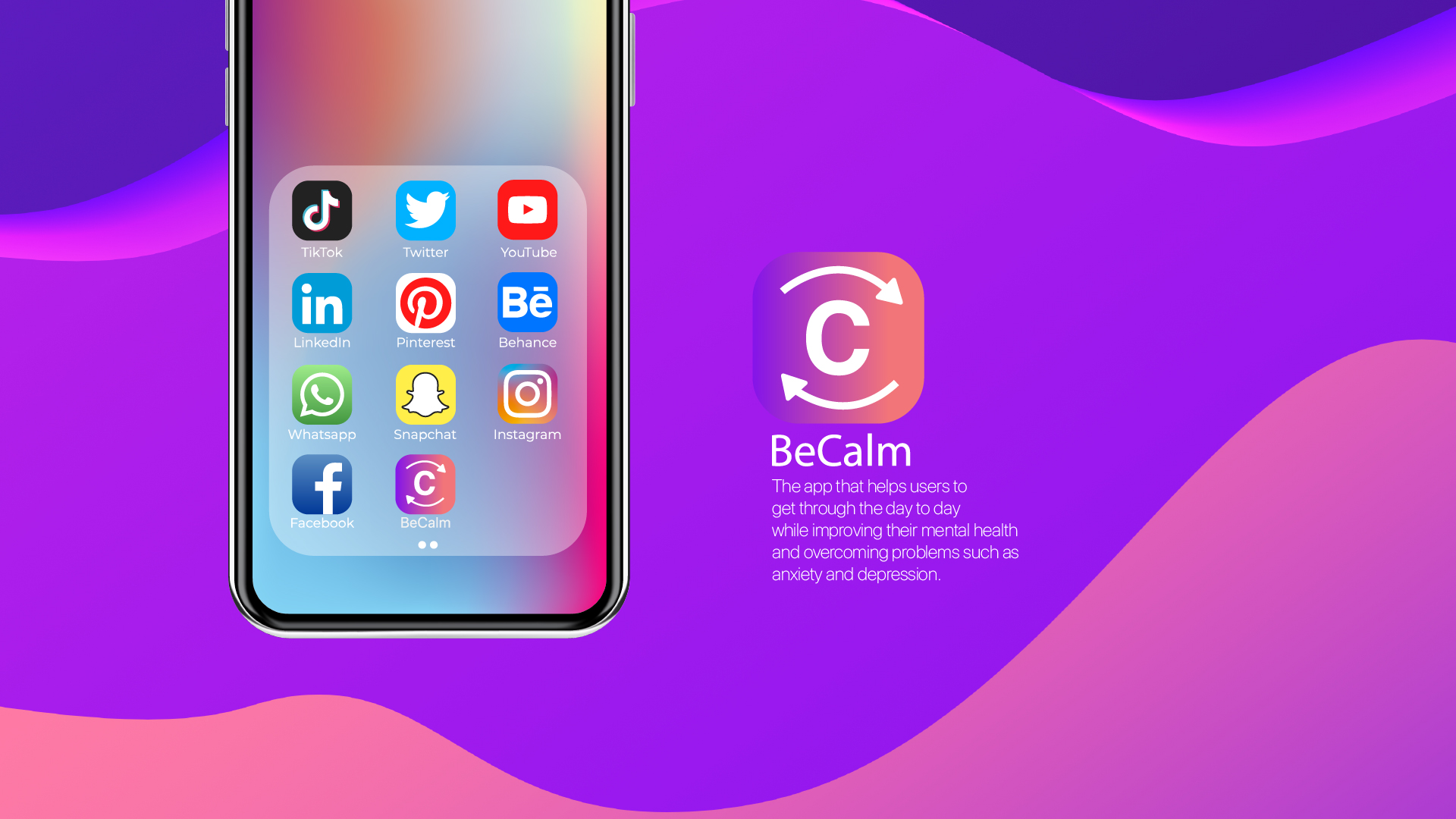 BeCalm brand banner — phone home screen with BeCalm app icon alongside the BeCalm wordmark and product tagline