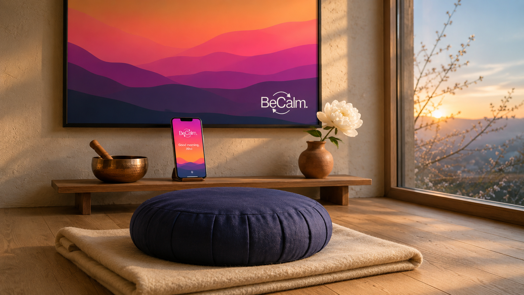 Dawn meditation cushion still life — navy linen zafu on folded cream wool blanket on warm-oak plank floor, teakwood shelf with copper singing bowl, phone showing BeCalm gradient app with the master wordmark+arrows logo, terracotta vessel with white peony, large framed BeCalm wave-mountain art with master wordmark on the wall, first dawn light through a tall window