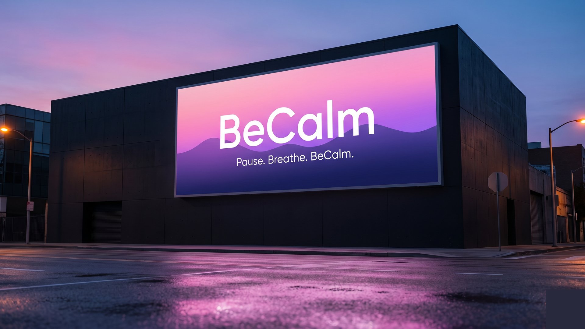BeCalm billboard visualization at dusk, gradient artwork with the wordmark over a city street