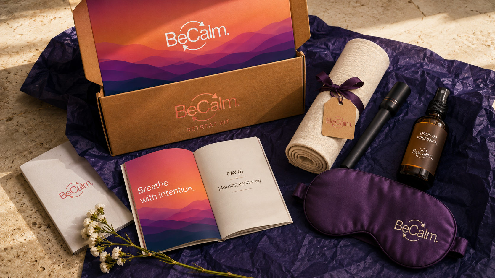 BeCalm Retreat Kit drop still life — kraft carton with the master BeCalm wordmark+arrows logo hot-foil-embossed on the exterior + brand wave-mountain gradient + wordmark on the lid interior, rolled cream linen meditation cloth tied with plum silk ribbon and a kraft hangtag, matte-black aluminum mallet, amber-glass mister labeled DROP 02 PRESENCE, plum silk sleep mask with embroidered wordmark, softcover guide booklet open to a gradient page reading Breathe with intention, white statice stem