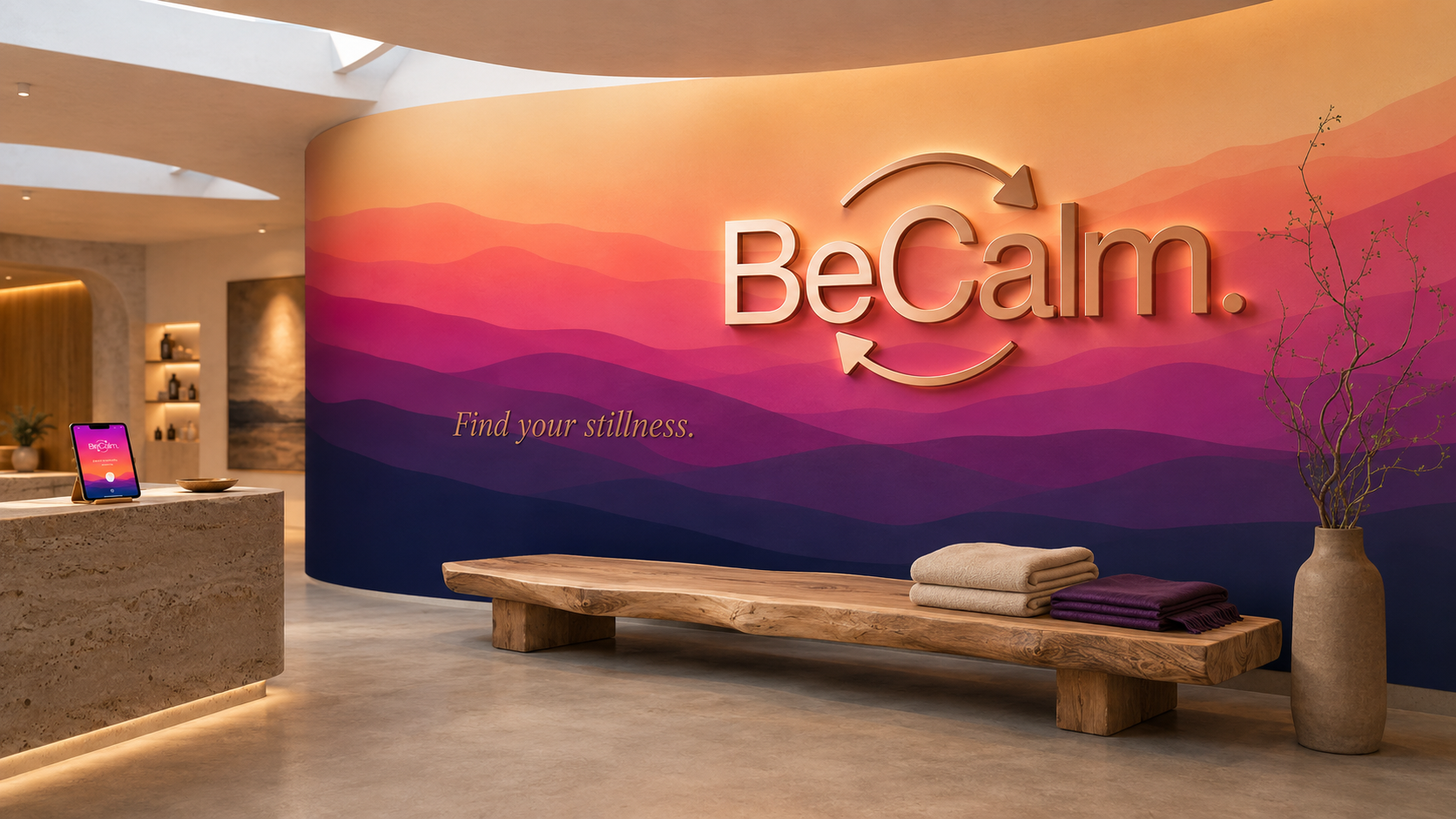 BeCalm wellness studio lobby environmental shot — sculptural compound-curve feature wall covered in the BeCalm wave-mountain gradient (navy through plum, magenta, coral, orange to cream), the master BeCalm wordmark + curved arrows installation at hero scale in brushed-rosegold dimensional steel, Find your stillness tagline set into the wall, live-edge ash bench with folded oatmeal-wool blankets, ceramic vessel with curly willow branch, travertine reception desk with iPad showing the app, warm concrete floor, ceiling skylights