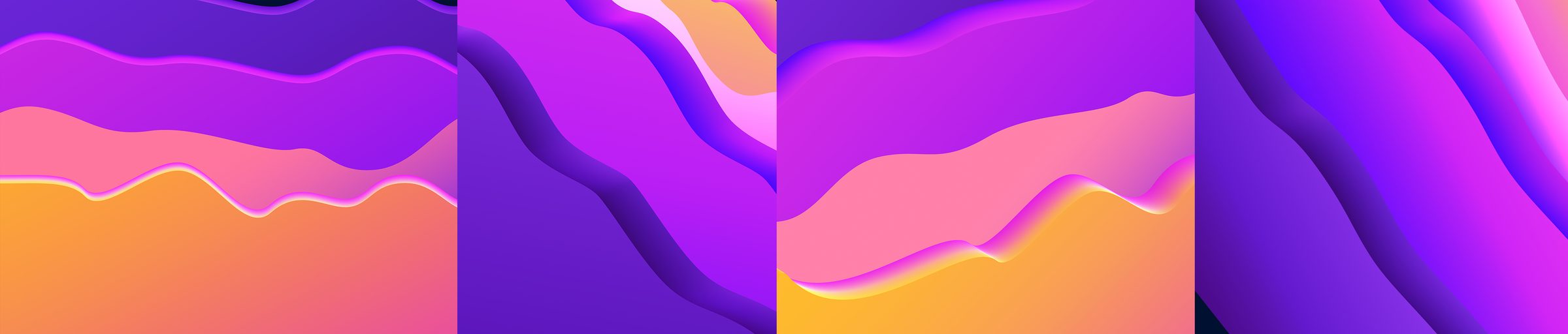 Four-panel strip of the BeCalm gradient system, sunset pink through purple to night navy