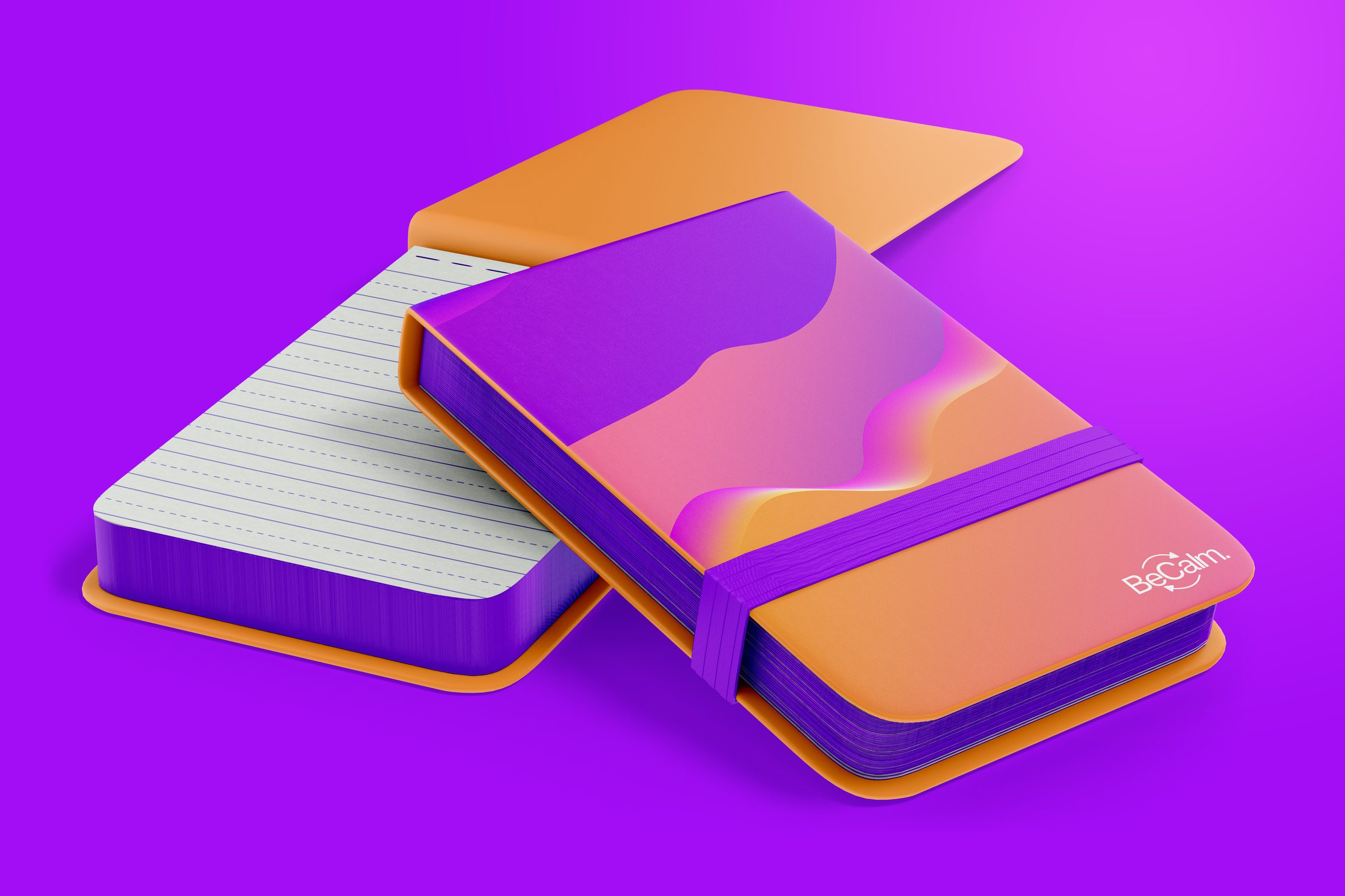 BeCalm notepad mockup with the wordmark on a gradient cover