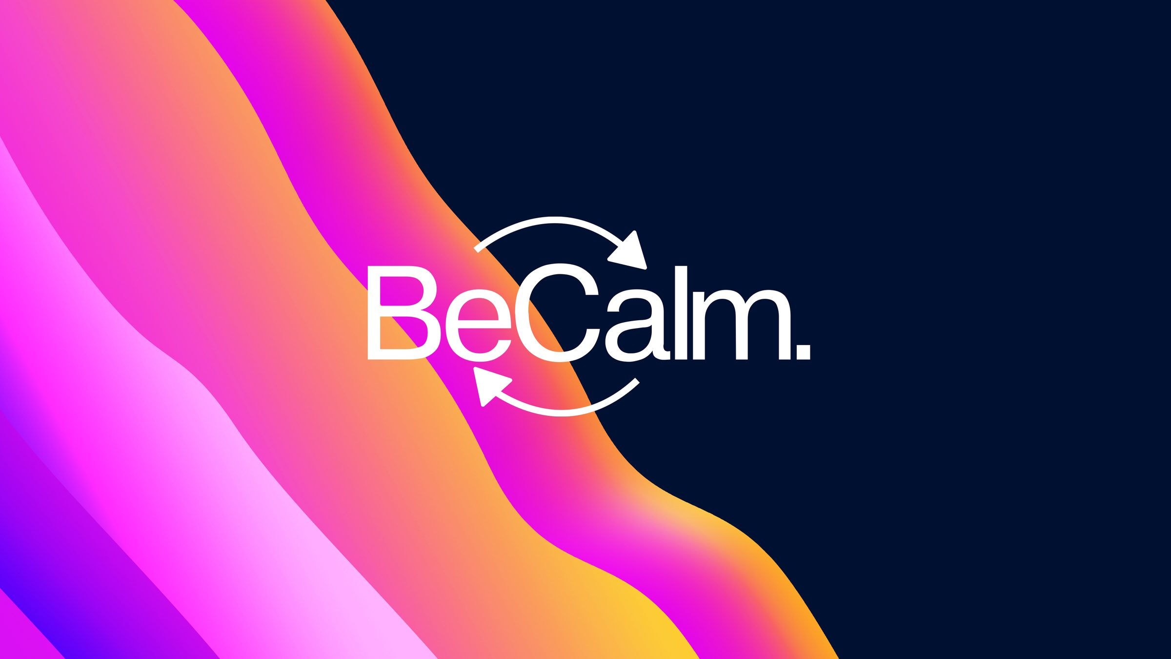 BeCalm wordmark in white on night navy above a flowing pink-to-purple gradient wave