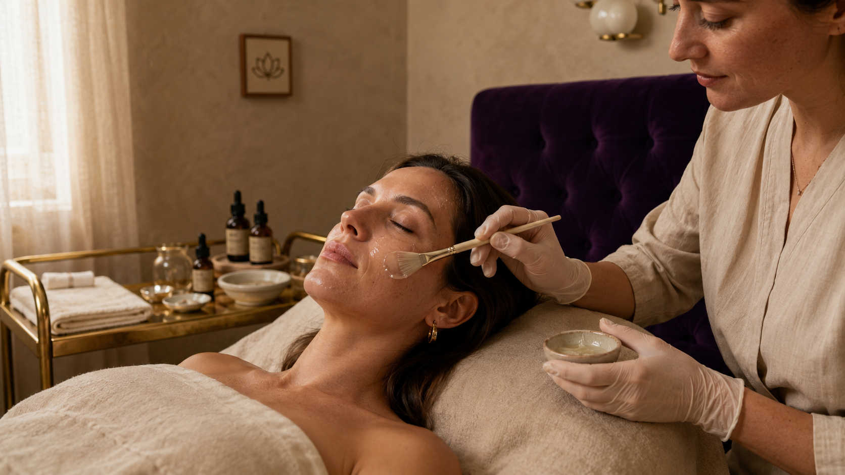 ETERNA — facial treatment in the med-spa, mid-30s patient receiving a hydrating gel mask from a gloved aesthetician, royal-purple velvet headboard, antique-brass instrument cart