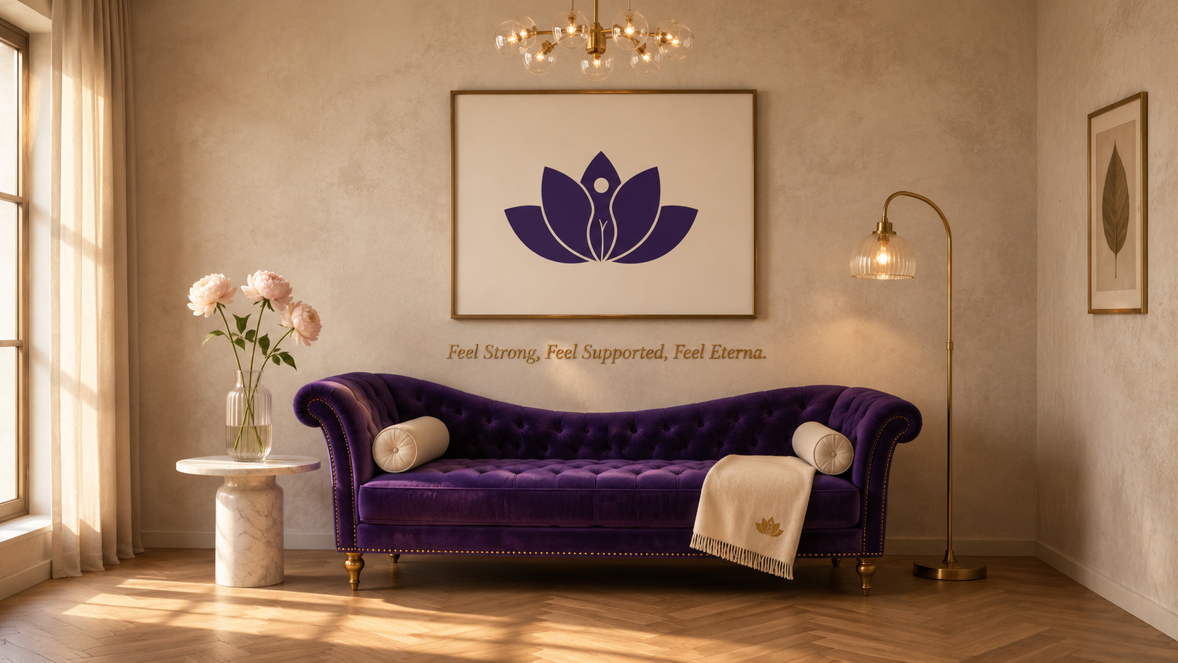 ETERNA patient consultation suite — royal-purple tufted velvet daybed with antique-brass nailhead trim, framed Eterna lotus+figure mark on the wall with Feel Strong Feel Supported Feel Eterna tagline below, antique-brass chandelier of clustered glass globes, cream marble side table with peonies, brass floor lamp, warm oak chevron floor