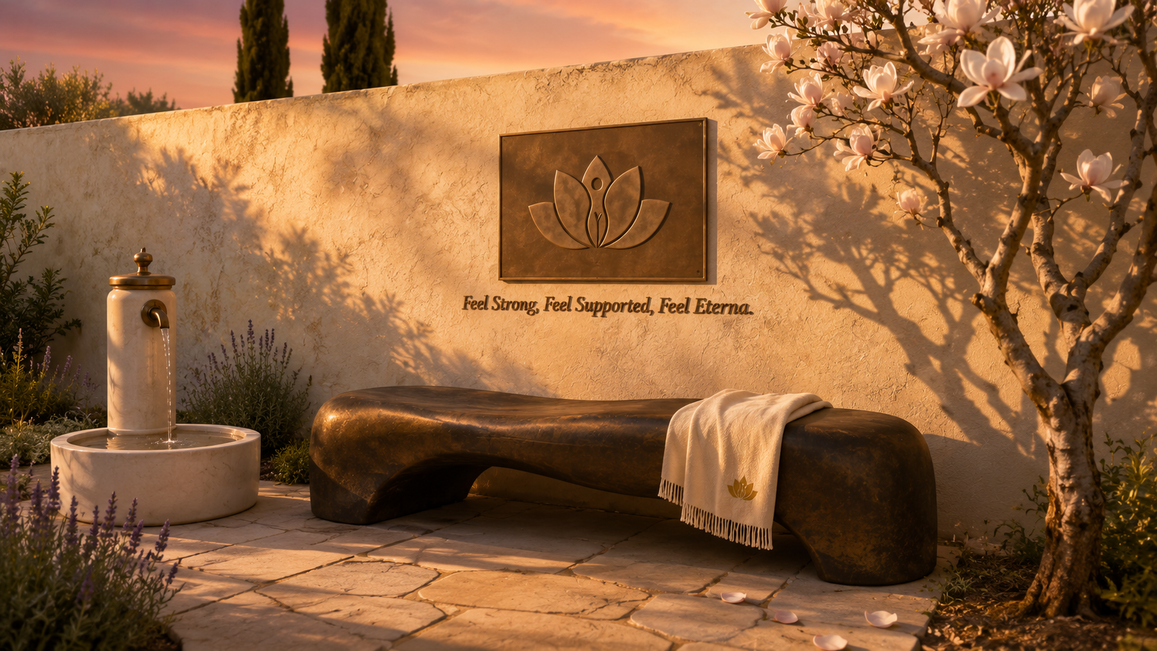 ETERNA wellness garden at golden hour — aged cream lime-washed stucco wall, sculptural cast-bronze bench with antique patina, hand-cast bronze plaque with the Eterna lotus+figure mark in deep relief and Feel Strong Feel Supported Feel Eterna tagline below, flowering magnolia tree in full bloom, antique-brass and cream-ceramic standing fountain, folded cream cashmere shawl on the bench with embroidered mark, cypress silhouettes against a peach-plum sunset sky