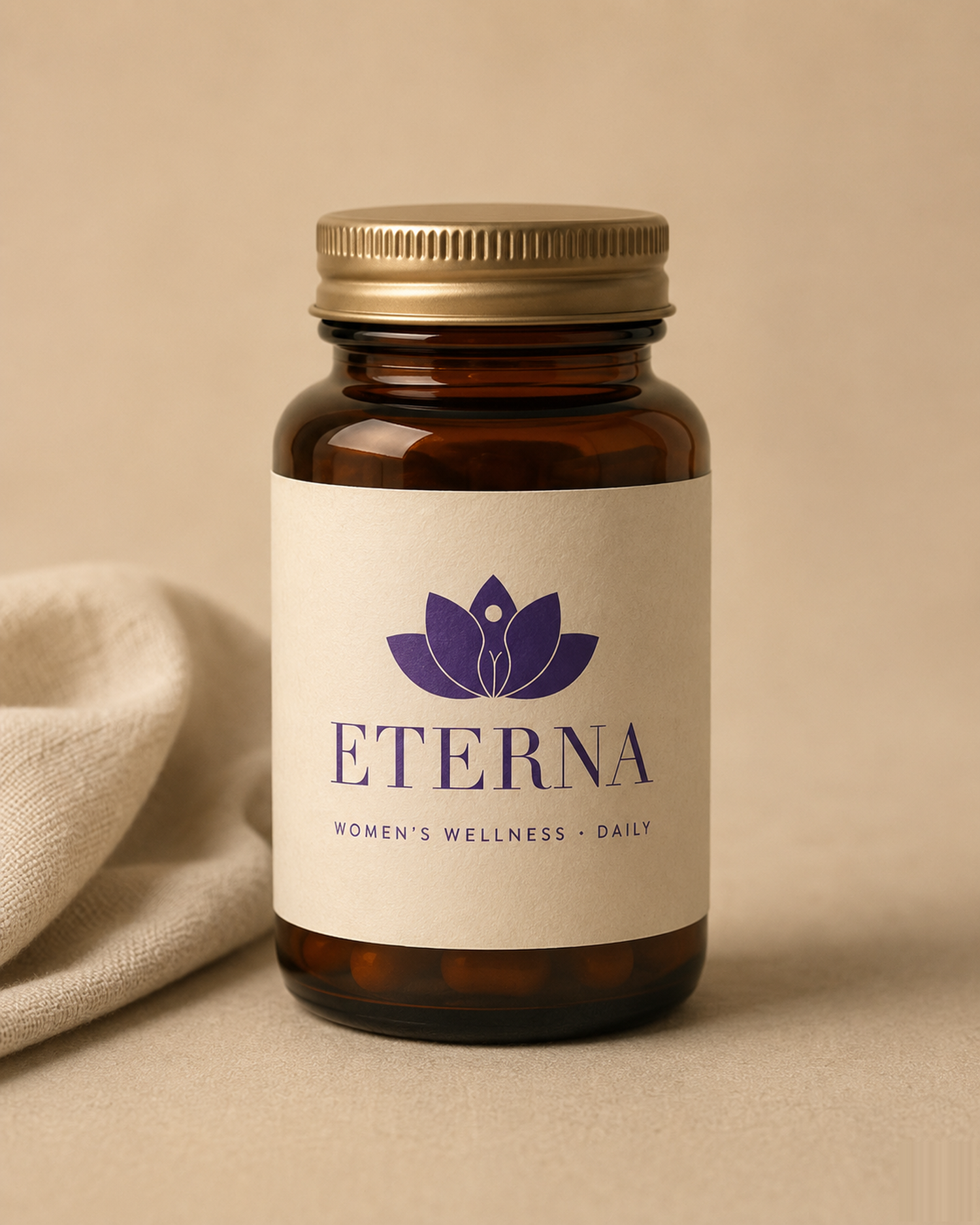 ETERNA amber-glass apothecary bottle — cream label, gold cap, women's wellness daily