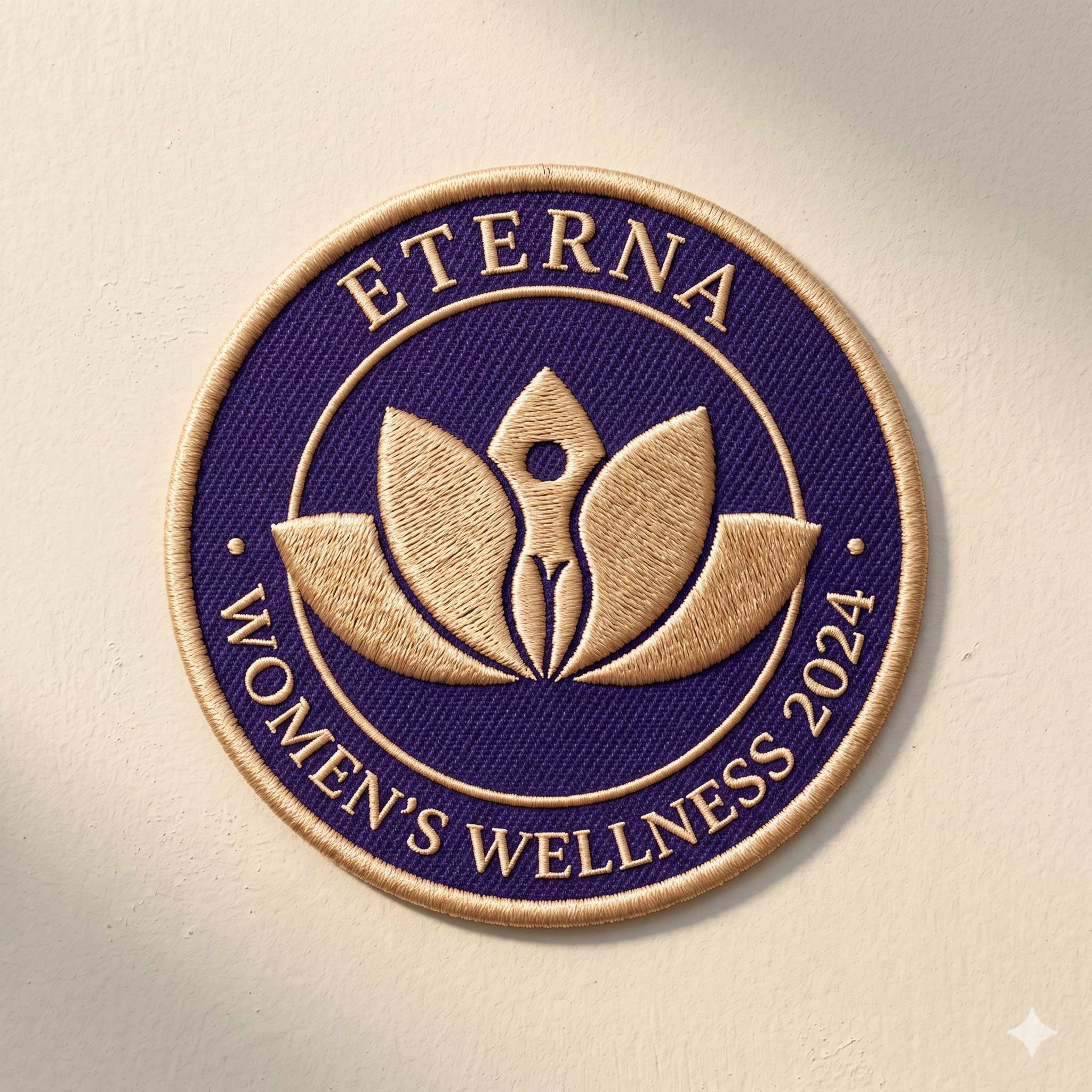ETERNA circular embroidered patch — purple twill, gold thread border, lotus monogram with ring text