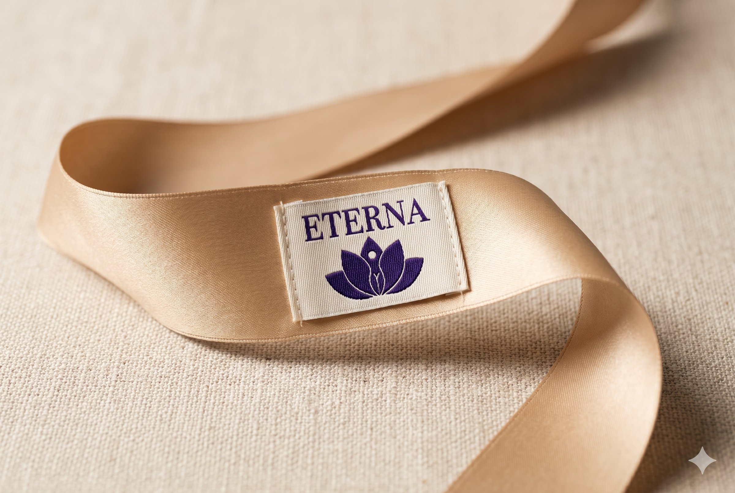 ETERNA woven label on champagne silk ribbon, lotus monogram stitched in purple thread