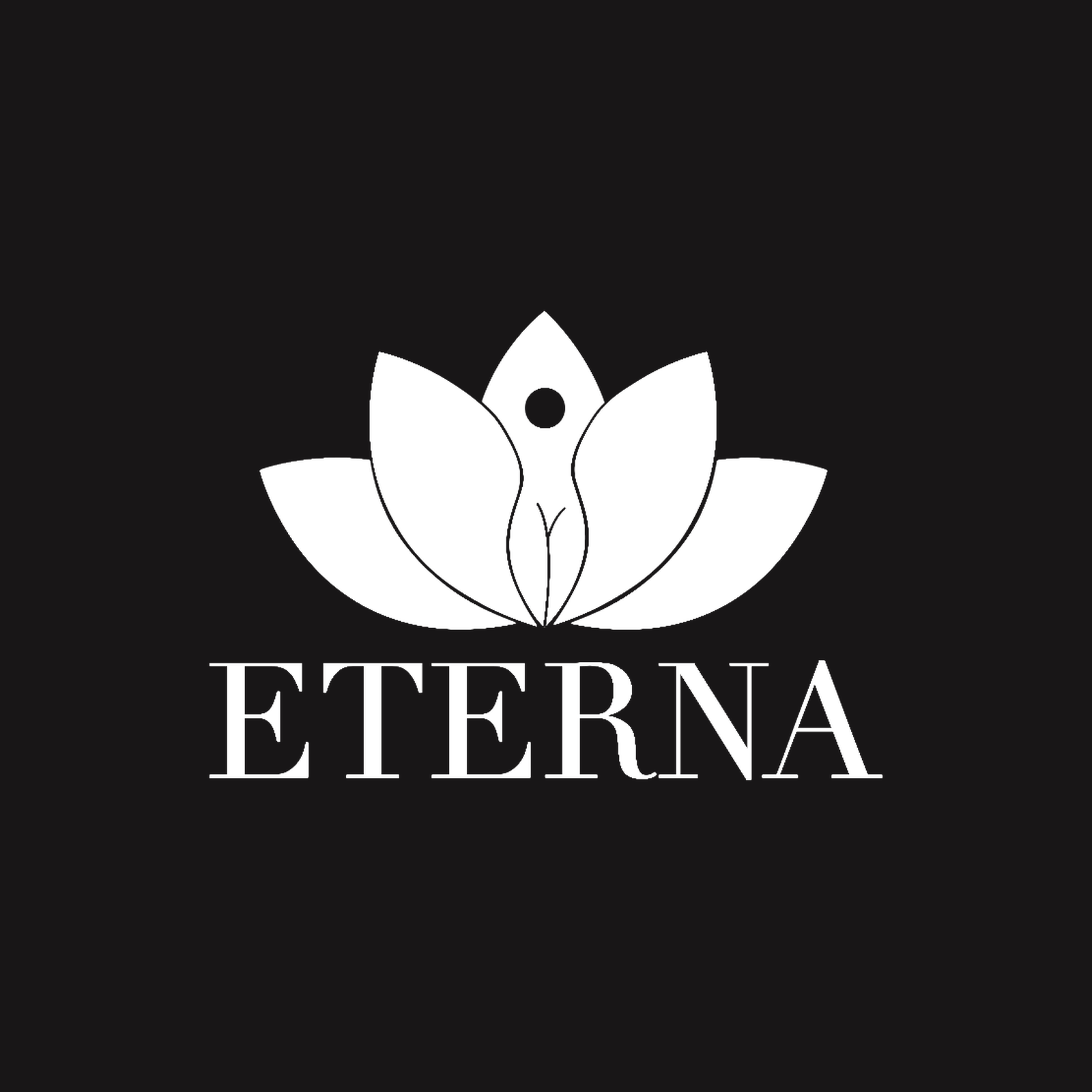 ETERNA lockup in white on black — knockout variant for dark surfaces