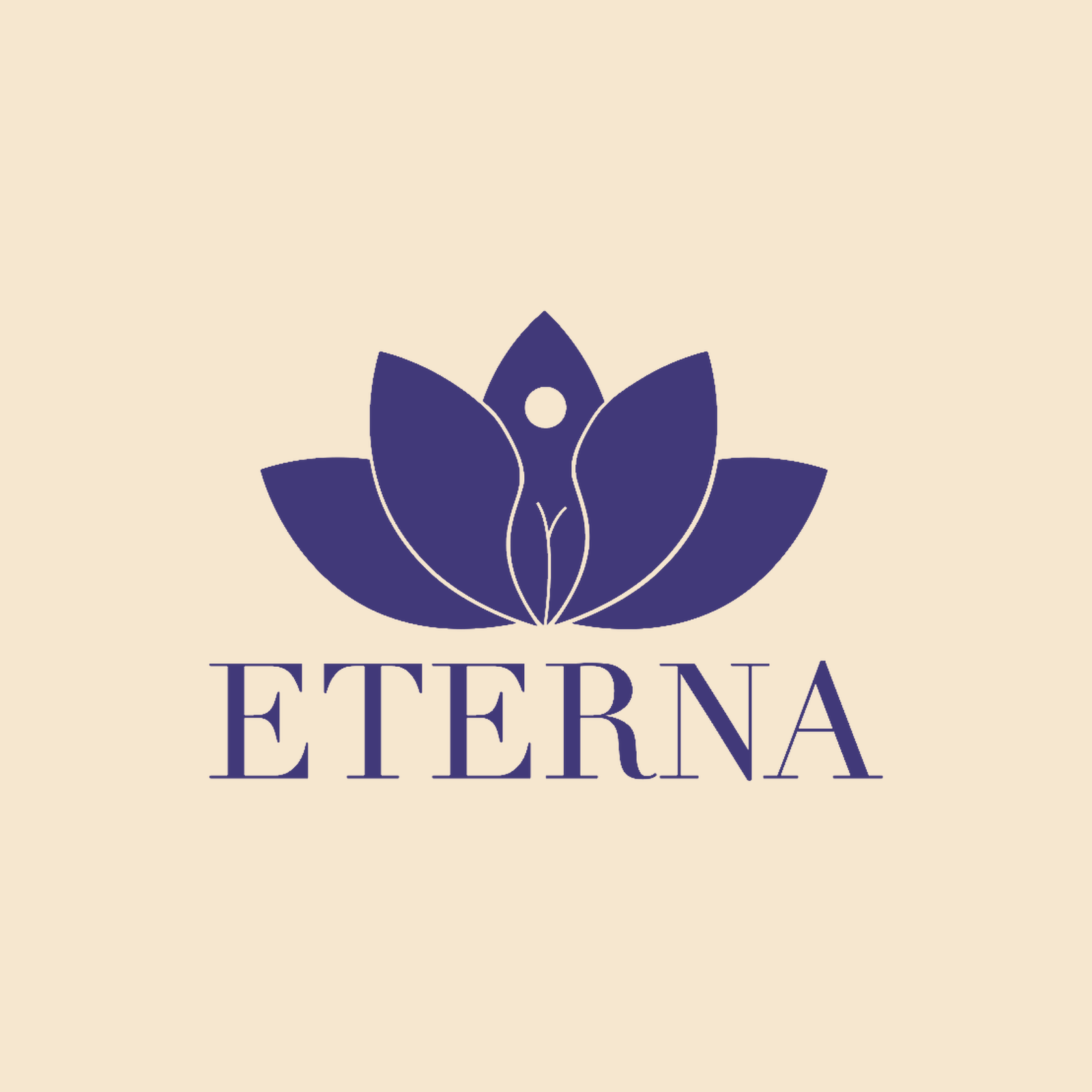 ETERNA lockup in royal purple on champagne gold — reverse brand-colour variant