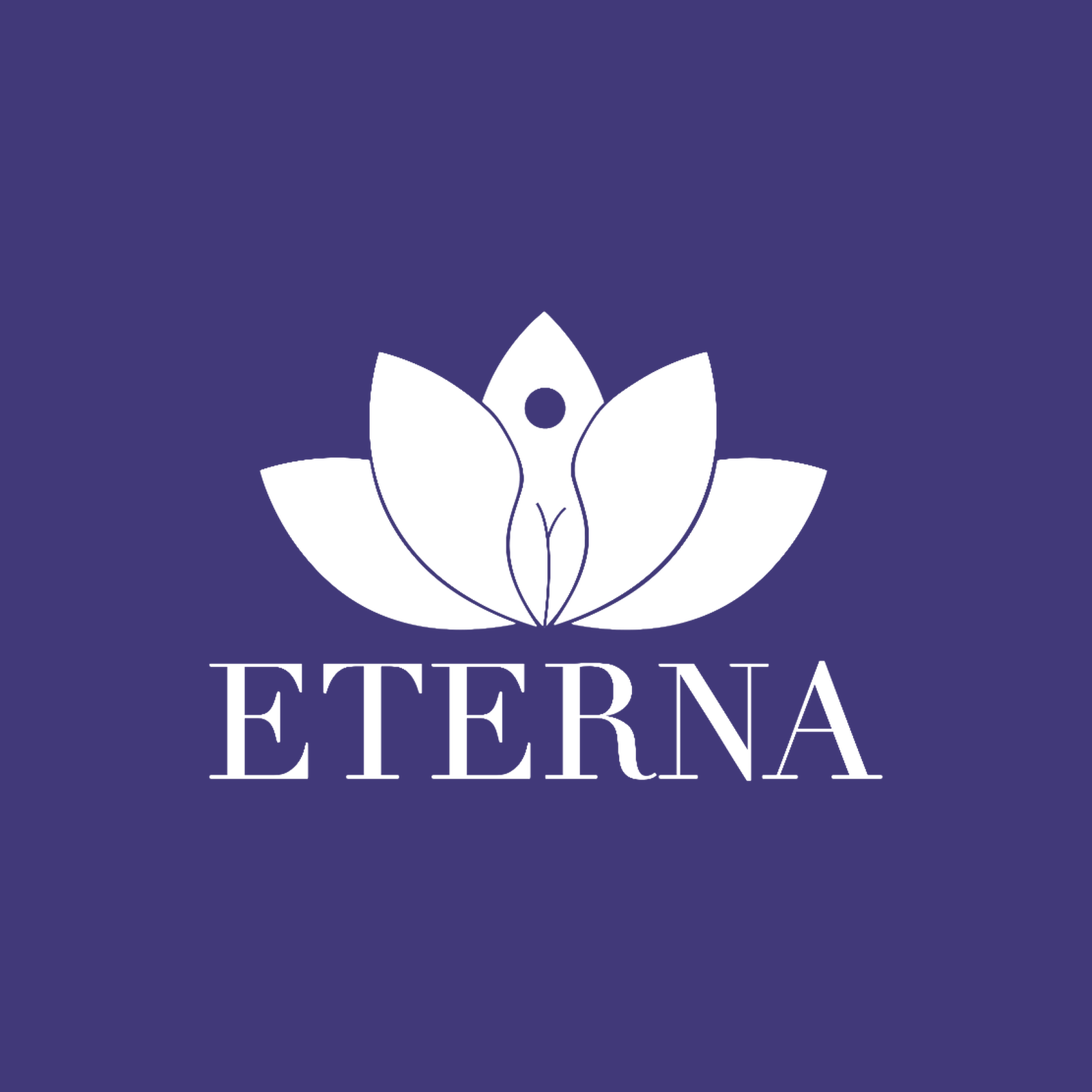 ETERNA lockup in white on royal purple — primary brand-colour variant