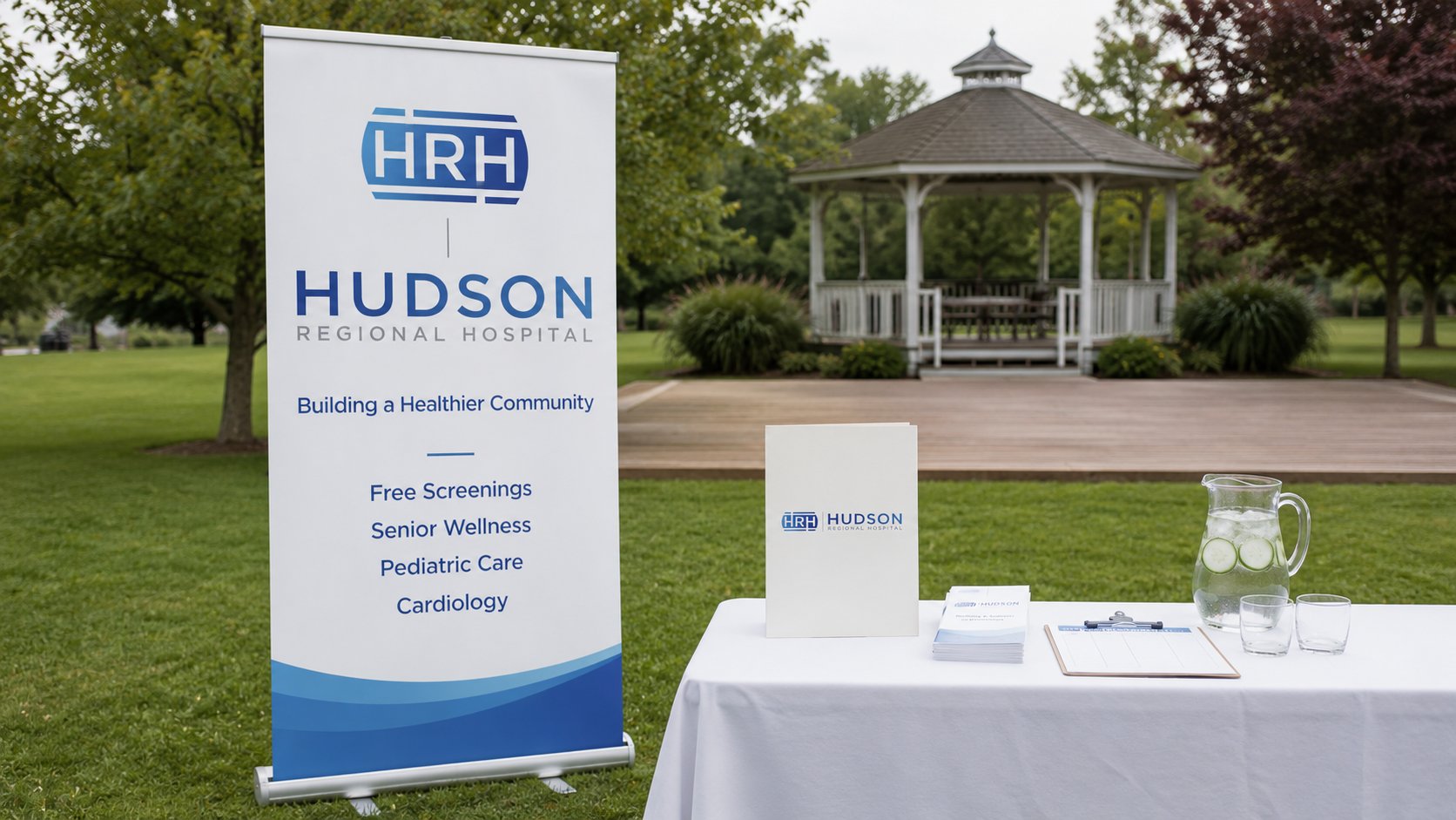 Hudson Regional Hospital outdoor community-health event, pull-up banner with HRH lockup, wellness-program list, and white-tablecloth registration table in a park