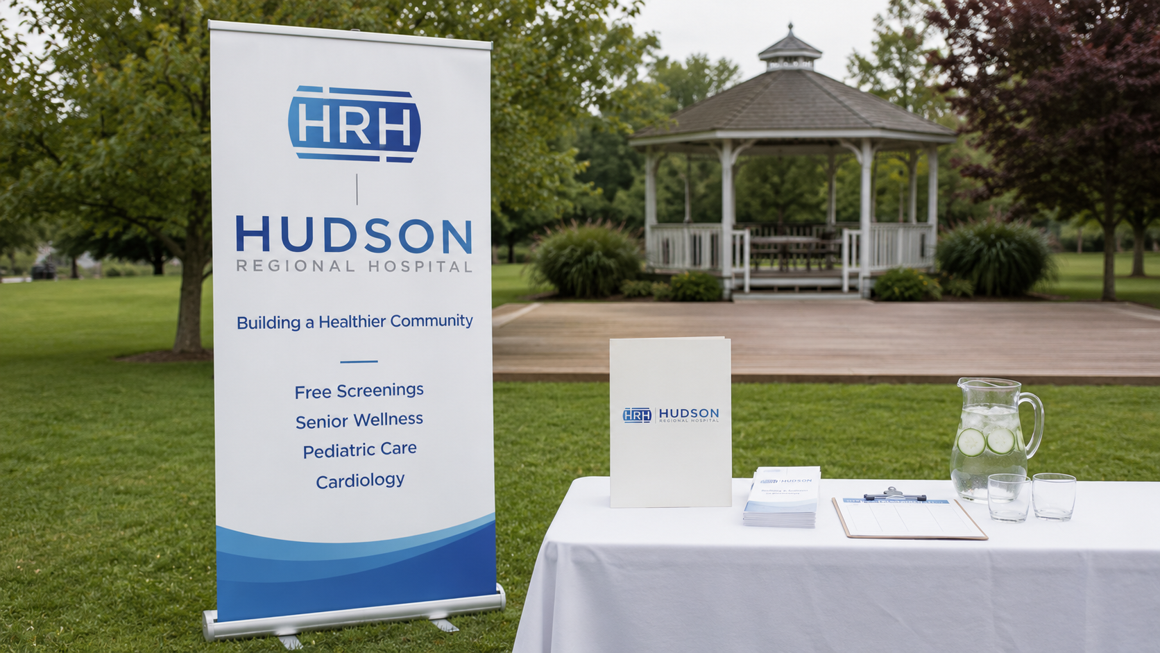 Hudson Regional Hospital outdoor community-health event — pull-up banner with HRH lockup, wellness-program list, and white-tablecloth registration table in a park