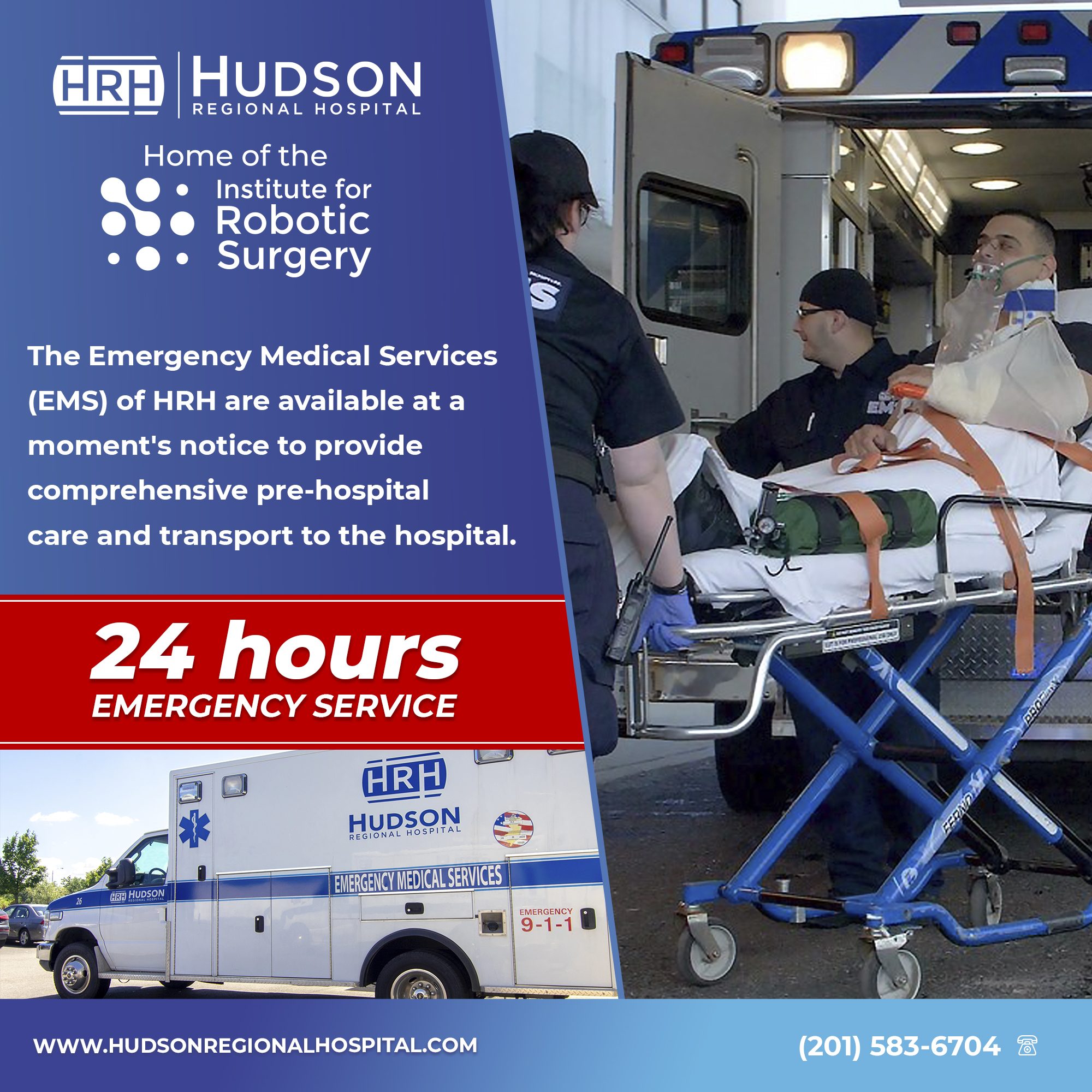 Hudson Regional Hospital digital campaign square promoting 24 hour emergency services