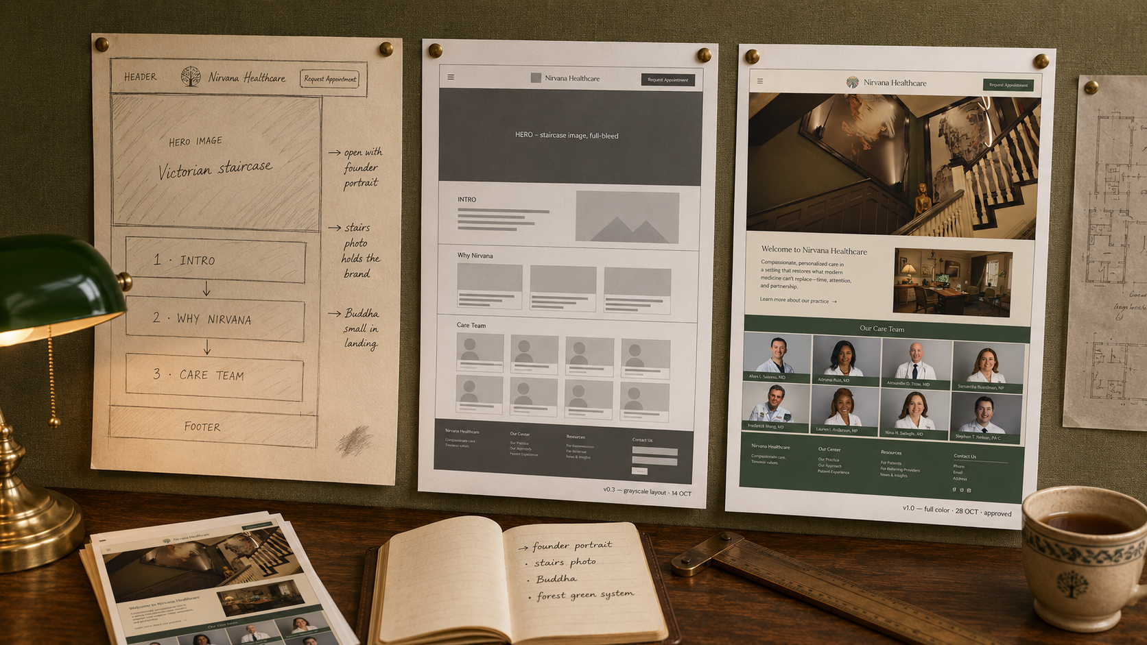 Three printed page proofs pinned to a sage-green linen pinboard above a Victorian-era walnut studio desk — left is the pencil sketch with handwritten margin notes, middle is the grayscale wireframe v0.3, right is the full-color final v1.0 showing the Victorian-staircase homepage with the provider grid; banker's lamp with green glass shade and open vintage doctor's notebook with process notes in the foreground