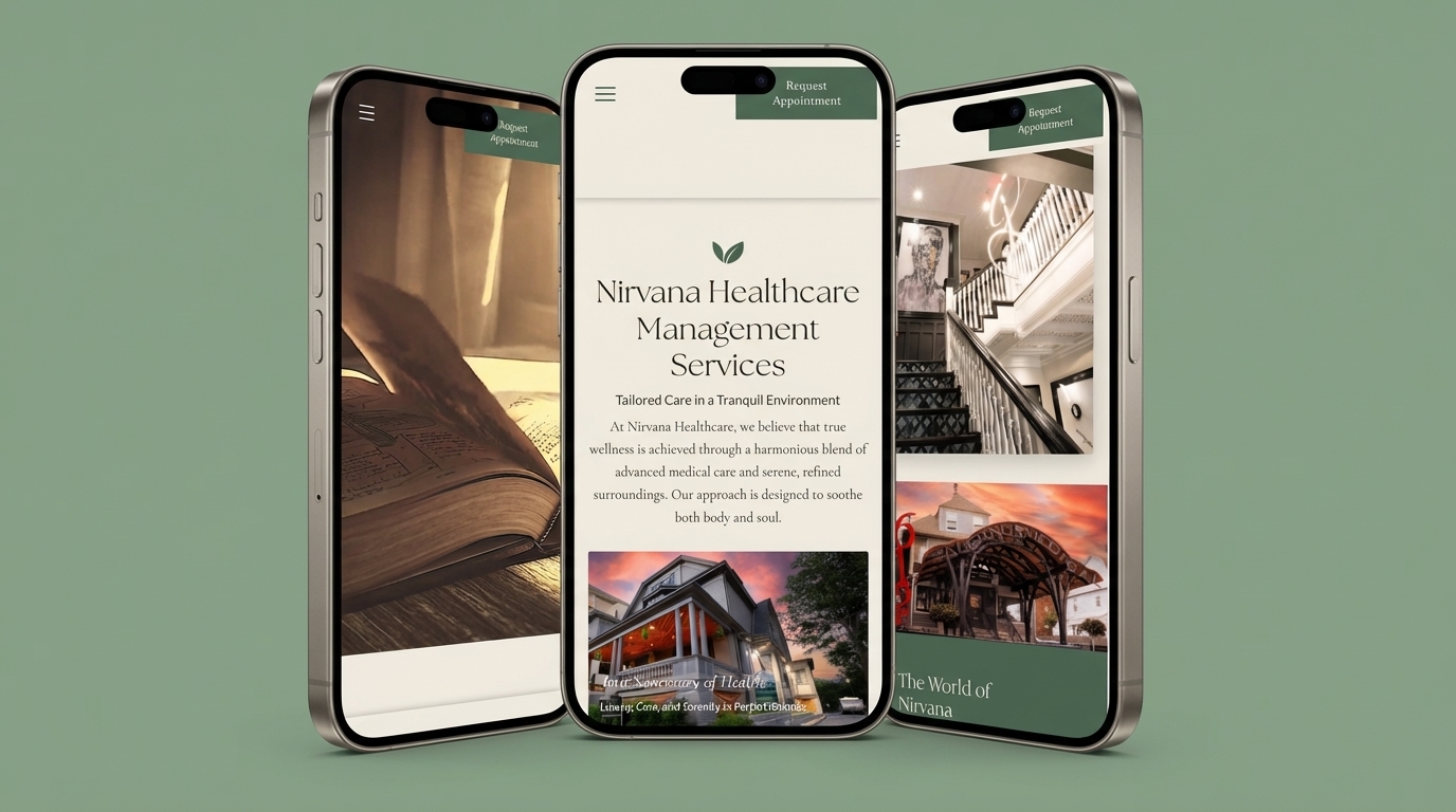 Three mobile screens — hero, scroll, and detail showing the responsive mobile experience