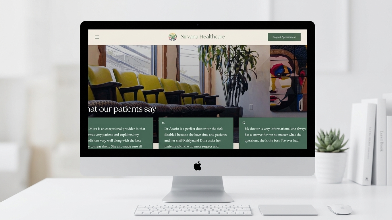 Patient testimonials mockup with sage-green cards
