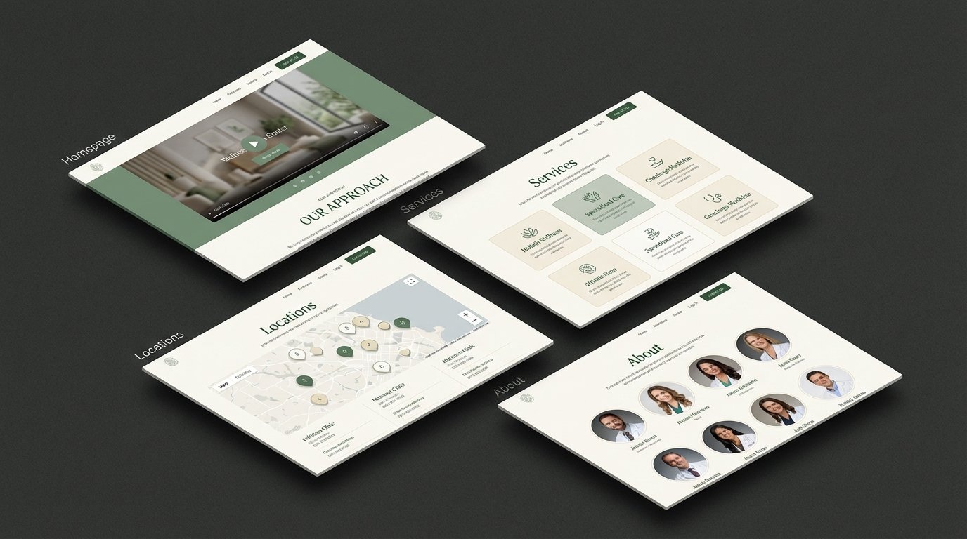 Isometric brand visualization of the four-page site system, home, services, locations, and about