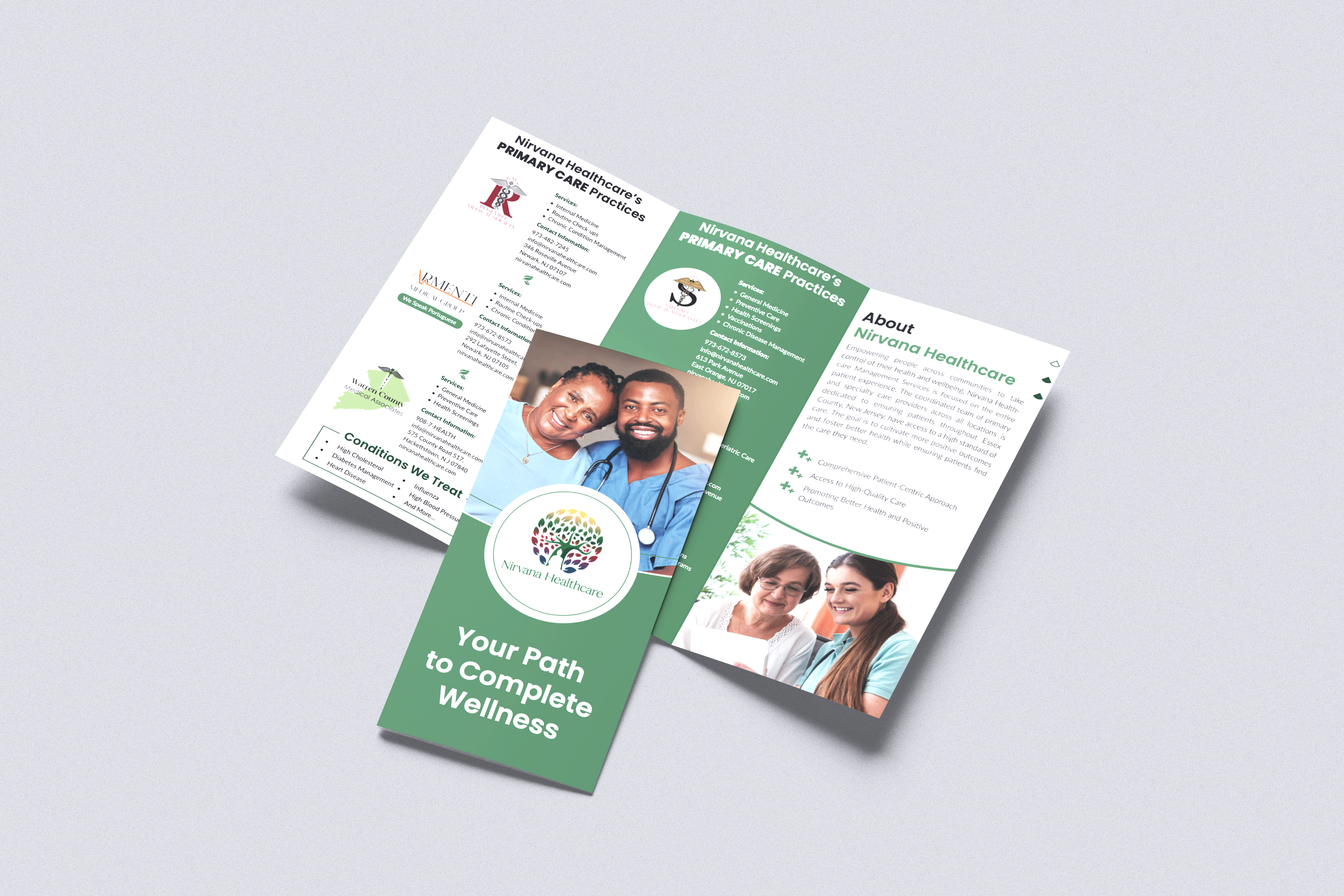 Nirvana Healthcare trifold brochure — Your Path to Complete Wellness