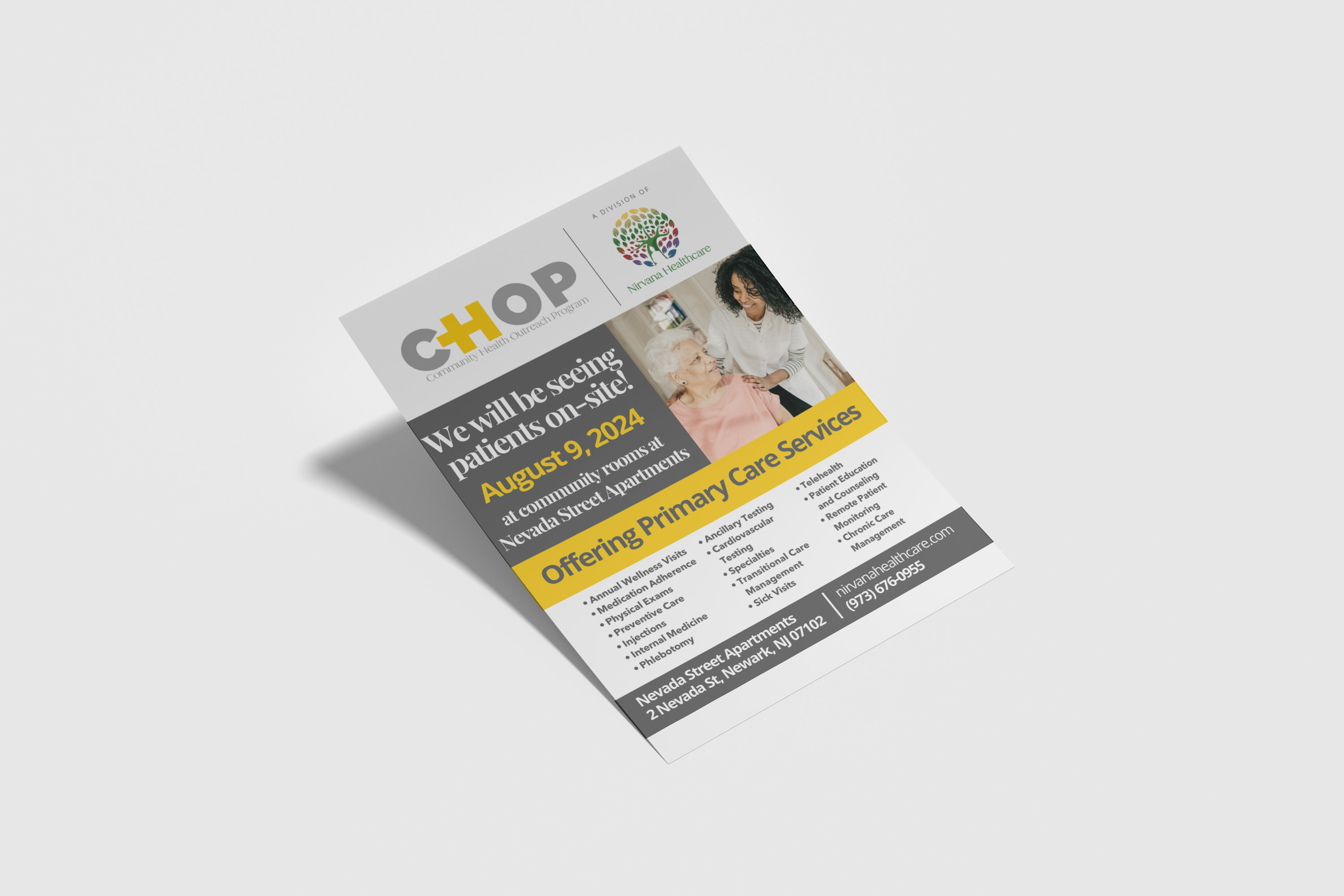 Nirvana Healthcare flyer using the partner-network brand pattern
