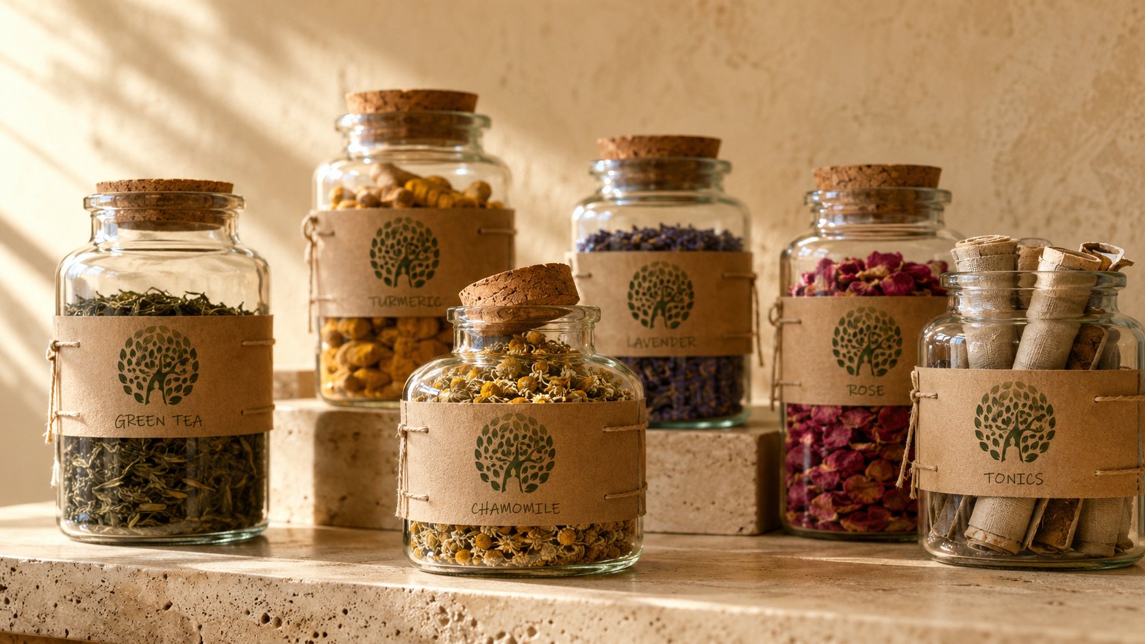 Glass apothecary jars of green tea, turmeric, chamomile, lavender, and rose with kraft tree-of-life labels, spatial concept