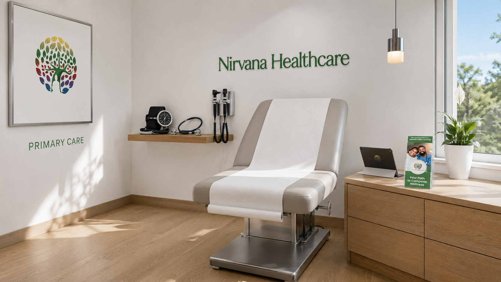 Nirvana Healthcare premium primary-care exam room — modern upholstered exam table with brushed-stainless base, kelly-green Nirvana Healthcare wall sign in script, framed tree-of-life mark with PRIMARY CARE lettering, oak shelf with stethoscope and blood-pressure cuff, branded brochure stack on a slim oak cabinet, white peace lily by the window