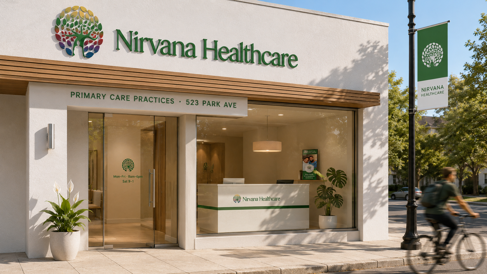 Nirvana Healthcare clinic storefront at mid-morning — clean white stucco façade with warm-oak slat canopy, dimensional tree-of-life mark + Nirvana Healthcare green script wordmark above the entrance, PRIMARY CARE PRACTICES · 523 PARK AVE subhead, frosted-glass entrance with patient hours decal, kelly-green wayfinding flag-banner on the lamp post
