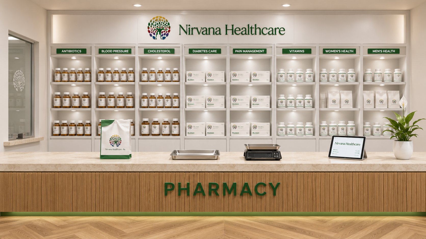 Nirvana Healthcare in-house pharmacy, warm-oak slat counter face with PHARMACY in kelly-green dimensional sans, cream travertine countertop, white shelving with eight bays labeled ANTIBIOTICS / BLOOD PRESSURE / CHOLESTEROL / DIABETES CARE / PAIN MANAGEMENT / VITAMINS / WOMEN'S HEALTH / MEN'S HEALTH, branded Rx prescription bag on the counter with stainless pill tray and weighing balance, tablet computer with Nirvana wordmark