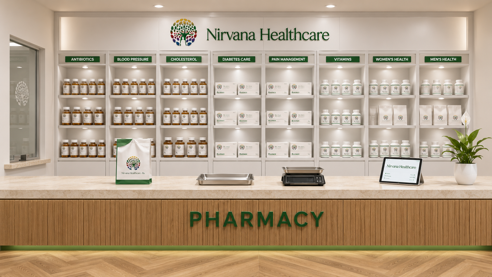 Nirvana Healthcare in-house pharmacy — warm-oak slat counter face with PHARMACY in kelly-green dimensional sans, cream travertine countertop, white shelving with eight bays labeled ANTIBIOTICS / BLOOD PRESSURE / CHOLESTEROL / DIABETES CARE / PAIN MANAGEMENT / VITAMINS / WOMEN'S HEALTH / MEN'S HEALTH, branded Rx prescription bag on the counter with stainless pill tray and weighing balance, tablet computer with Nirvana wordmark