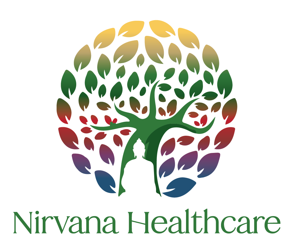 Nirvana Healthcare tree-of-life logo with multicolored leaf canopy and meditative figure