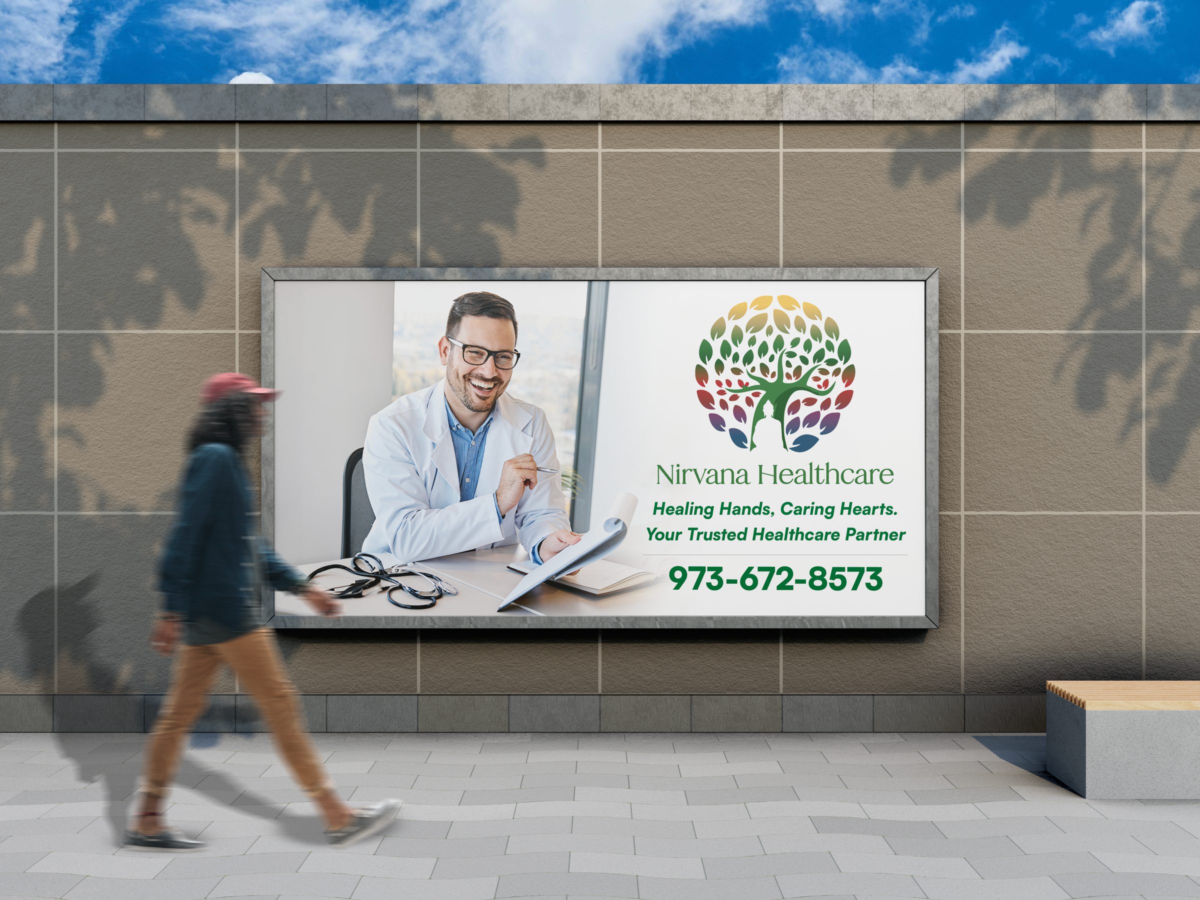 Nirvana Healthcare billboard mockup on a street wall, doctor photo beside the full-color tree-of-life lockup with Healing Hands Caring Hearts tagline and phone number