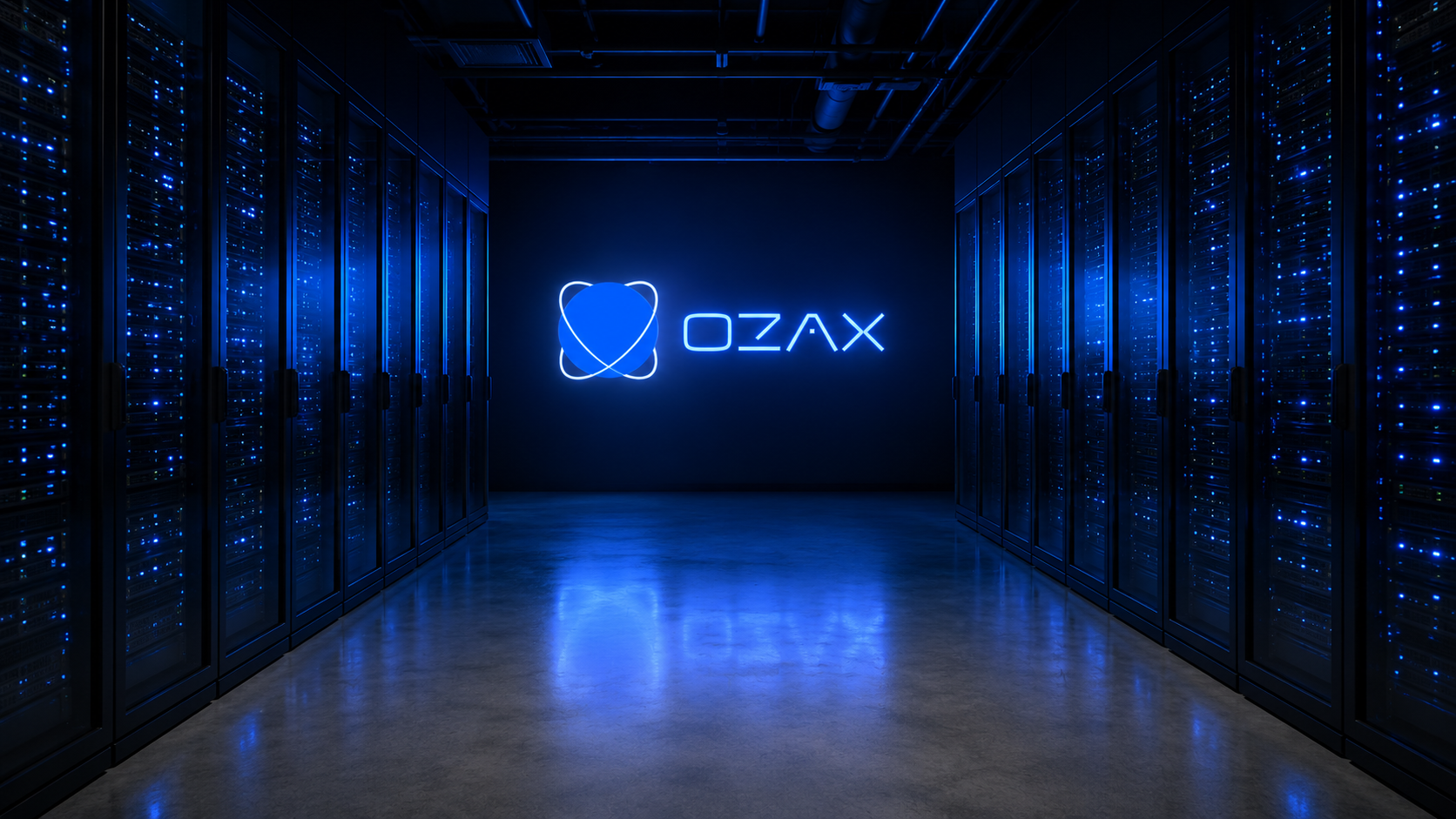 OZAX brand applied to a research-lab corridor — orbital mark on the back-wall display, matte black server racks