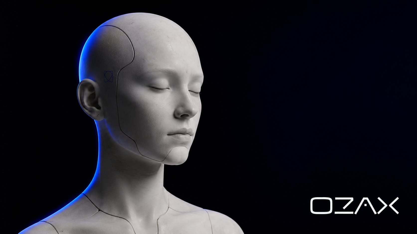 OZAX brand editorial, humanoid AI portrait in the cover-photo aesthetic