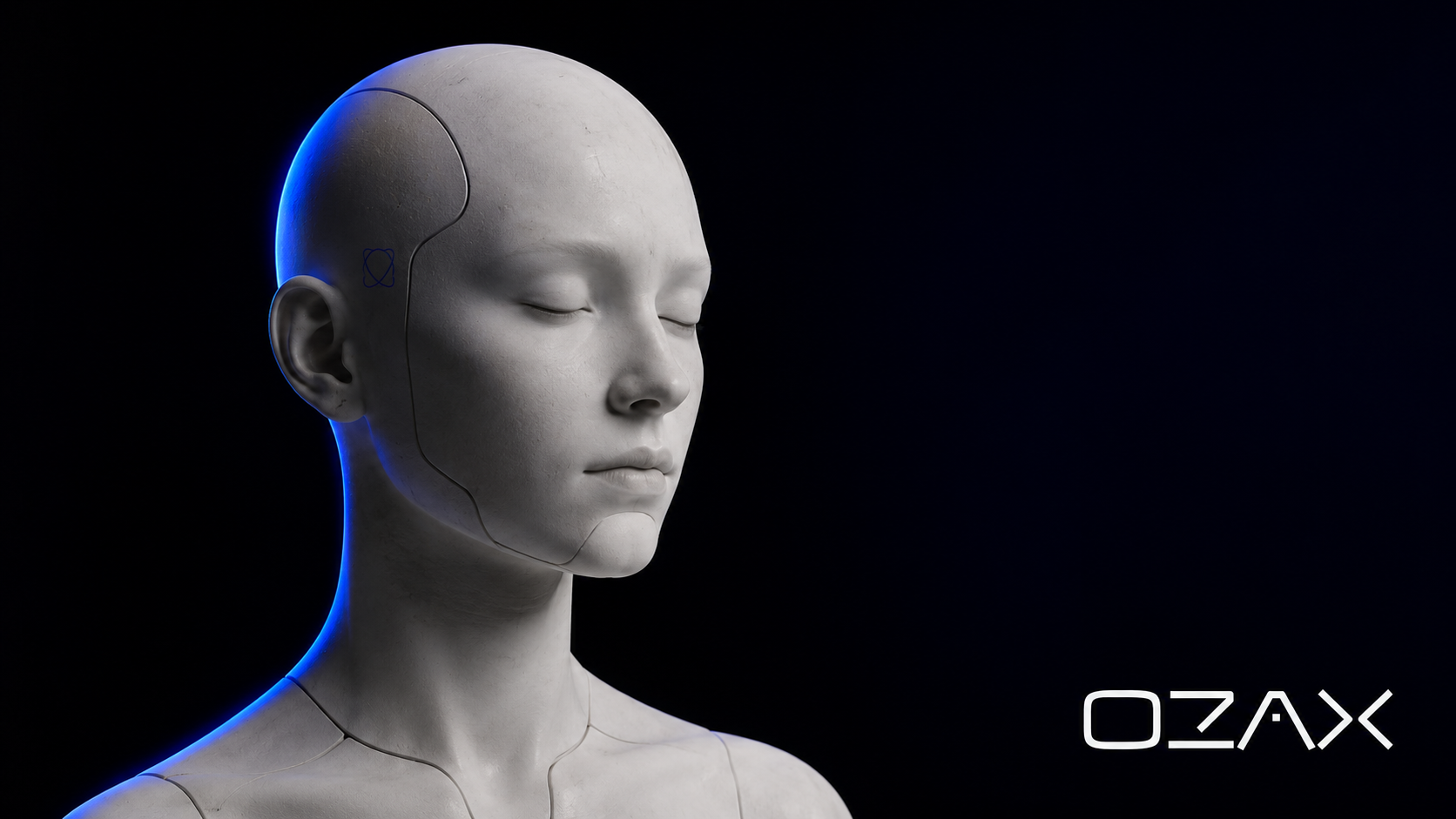 OZAX brand editorial — humanoid AI portrait in the cover-photo aesthetic