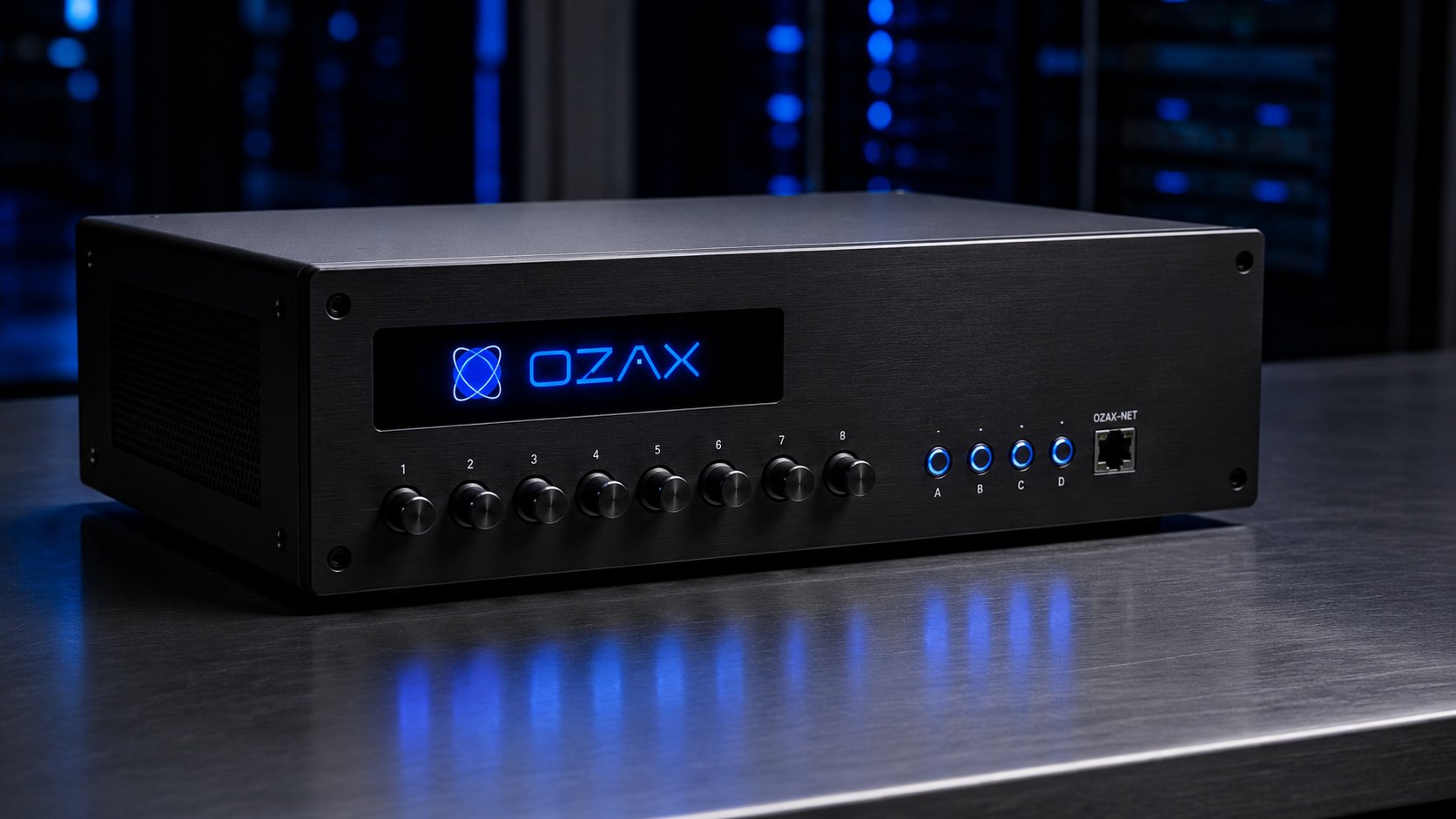 OZAX brand on a custom matte-black research-lab data terminal, hands operating the hardware controls, electric-blue OLED wordmark and indicator LEDs