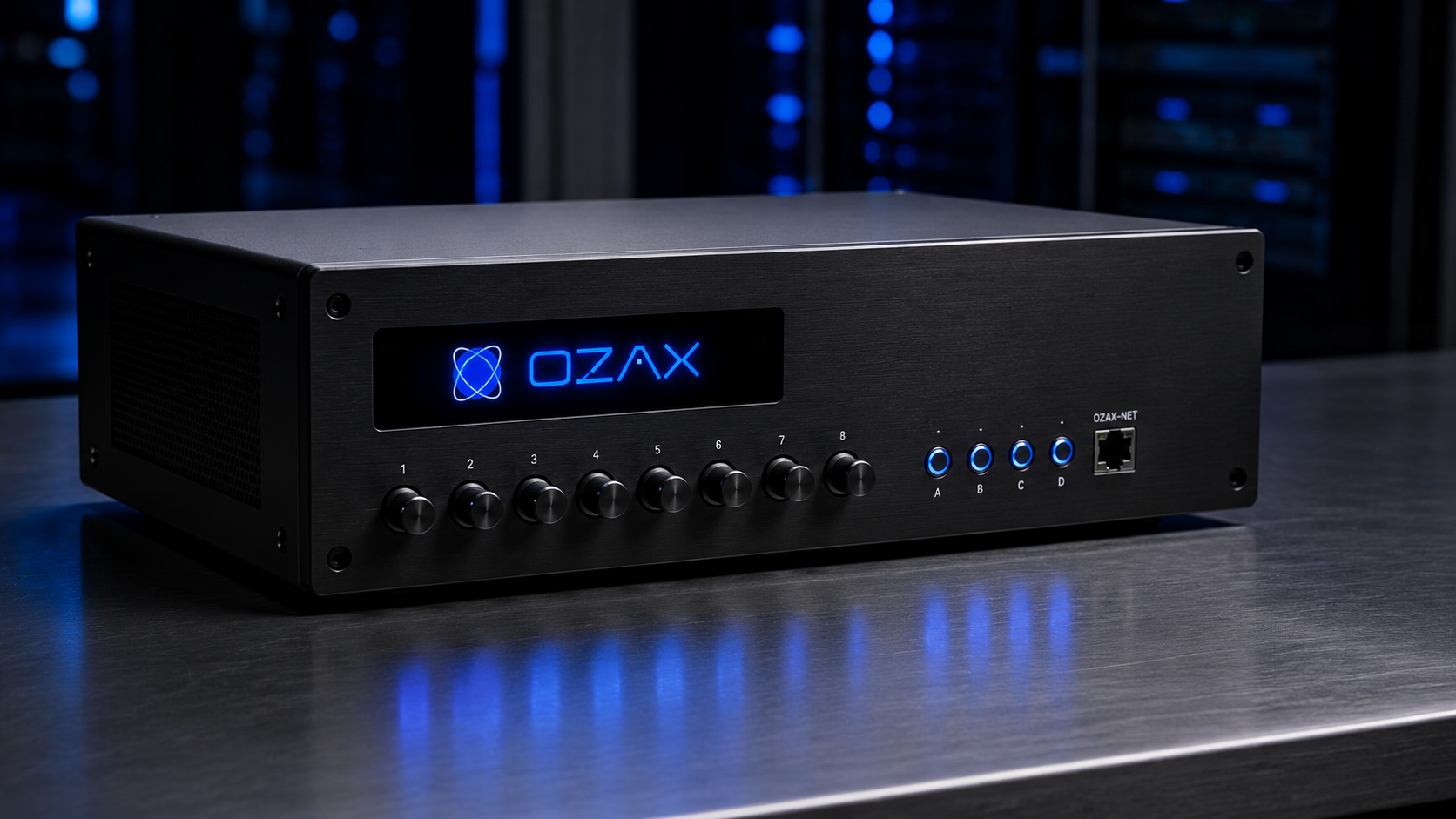 OZAX brand on a custom matte-black research-lab data terminal — hands operating the hardware controls, electric-blue OLED wordmark and indicator LEDs